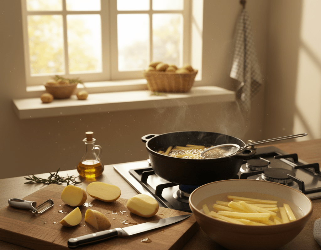 A cozy kitchen scene depicting the step-by-step preparation of French fries (Pommes). In the foreground, a wooden cutting board is splattered with fresh potato halves, a sharp knife resting beside them. The middle ground features an assortment of kitchen tools: a peeler, a bowl of cut potatoes ready for soaking, and a pot of sizzling oil on the stove, with golden fries bubbling away. In the background, warm sunlight streams through a window, illuminating the inviting atmosphere filled with mouth-watering aromas. The overall mood is warm and inviting, emphasizing a homey vibe. Use soft, natural lighting to enhance the freshness of the ingredients and the warmth of the kitchen. The angle should capture the scene from a slight overhead view, showcasing the preparation process effectively.