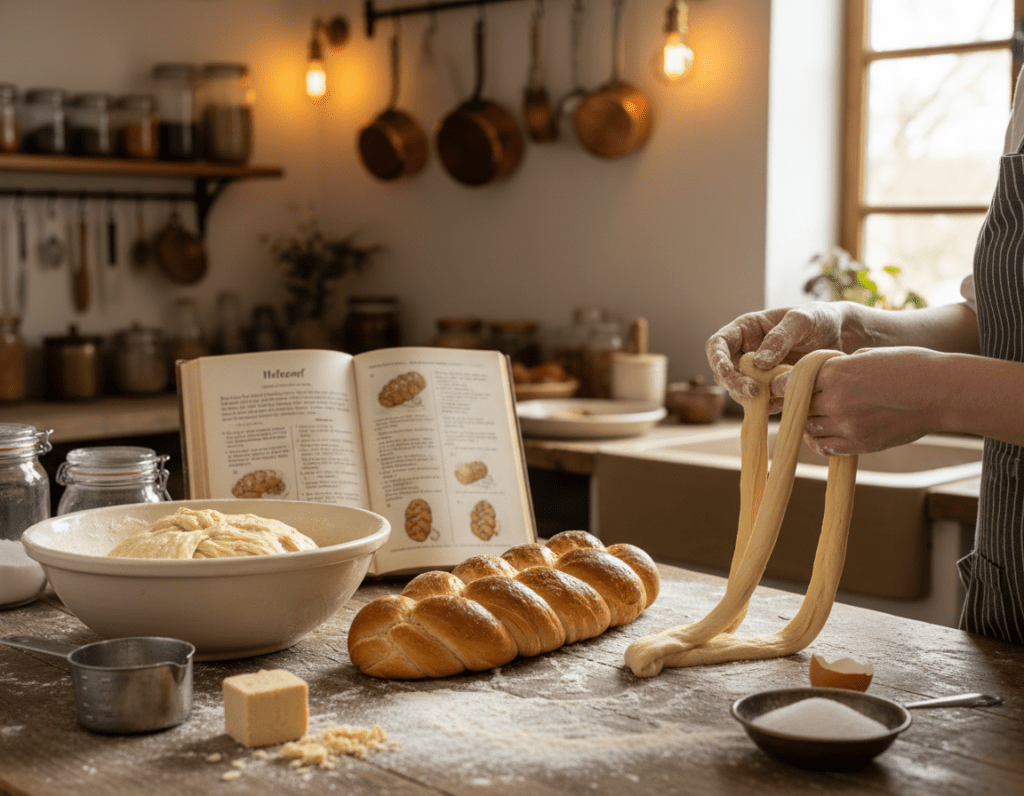A cozy kitchen scene depicting the step-by-step preparation of Hefezopf, a traditional German sweet bread. In the foreground, a wooden table is adorned with flour, a mixing bowl filled with dough, and a loaf of Hefezopf beautifully braided. A pair of hands, adorned with flour, is seen expertly shaping the dough strands. In the middle ground, an open recipe book shows a detailed guide, along with measuring cups and fresh ingredients like egg, sugar, and yeast scattered neatly. The background features warm, soft lighting illuminating the rustic kitchen, adding a homely atmosphere. A gentle focus on the bread, with a blurred background of kitchen elements, captures the essence of an inviting baking experience.