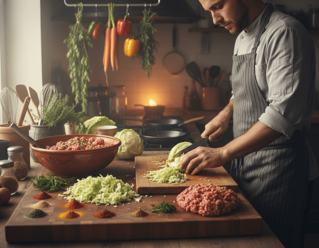 A cozy kitchen scene featuring a chef in a modest casual outfit, demonstrating the preparation of Spitzkohl (pointed cabbage). In the foreground, a wooden cutting board holds freshly chopped Spitzkohl, along with minced meat and vibrant spices artfully arranged around it. The chef, with focused expression, uses a knife to slice the cabbage. In the middle ground, a well-lit countertop showcases various utensils and a colorful bowl containing seasoned meat mix. In the background, a softly glowing stove adds warmth, surrounded by fresh vegetables and herbs hanging decoratively. The light is soft and natural, with a slightly warm hue, creating an inviting atmosphere. The composition conveys a sense of culinary mastery while emphasizing the key tips for avoiding common mistakes in cooking.