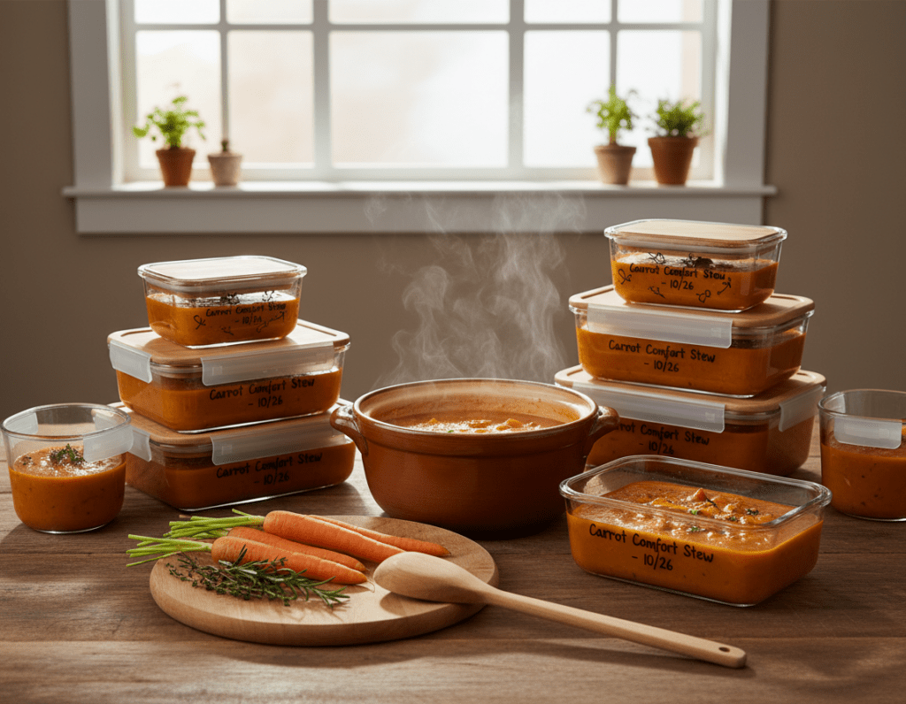 A cozy kitchen scene featuring a steaming pot of carrot stew on a wooden countertop, surrounded by glass containers filled with the vibrant orange stew, ready for storage in the freezer. In the foreground, a ladle rests on a cutting board alongside fresh carrots and herbs for garnishing. The middle ground showcases neatly stacked airtight containers with playful labels indicating the date and contents, while in the background, a bright window allows warm, natural light to flood the space, casting soft shadows. The mood is inviting and homely, evoking the sense of preparing for future meals. Use a warm color palette to enhance the comforting atmosphere, and focus on a slightly elevated angle to capture the full spread of the kitchen setup.
