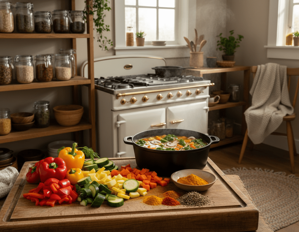 A cozy kitchen scene featuring a vibrant, colorful vegan oven soup preparation. In the foreground, a large wooden cutting board is adorned with fresh, chopped vegetables like carrots, bell peppers, and zucchini, alongside a bowl of aromatic spices. In the middle ground, a pot on a rustic stove simmers, filled with a rich, fragrant broth and an array of plant-based ingredients, highlighting the warmth of the meal. The background showcases shelves lined with glass jars of grains and herbs, bathed in soft, natural light coming from a window, creating a homey and inviting atmosphere. Capture the essence of a warm and wholesome cooking process, evoking comfort and a sense of healthiness in the dish being prepared. A cozy kitchen scene featuring a vibrant, colorful vegan oven soup preparation. In the foreground, a large wooden cutting board is adorned with fresh, chopped vegetables like carrots, bell peppers, and zucchini, alongside a bowl of aromatic spices. In the middle ground, a pot on a rustic stove simmers, filled with a rich, fragrant broth and an array of plant-based ingredients, highlighting the warmth of the meal. The background showcases shelves lined with glass jars of grains and herbs, bathed in soft, natural light coming from a window, creating a homey and inviting atmosphere. Capture the essence of a warm and wholesome cooking process, evoking comfort and a sense of healthiness in the dish being prepared.