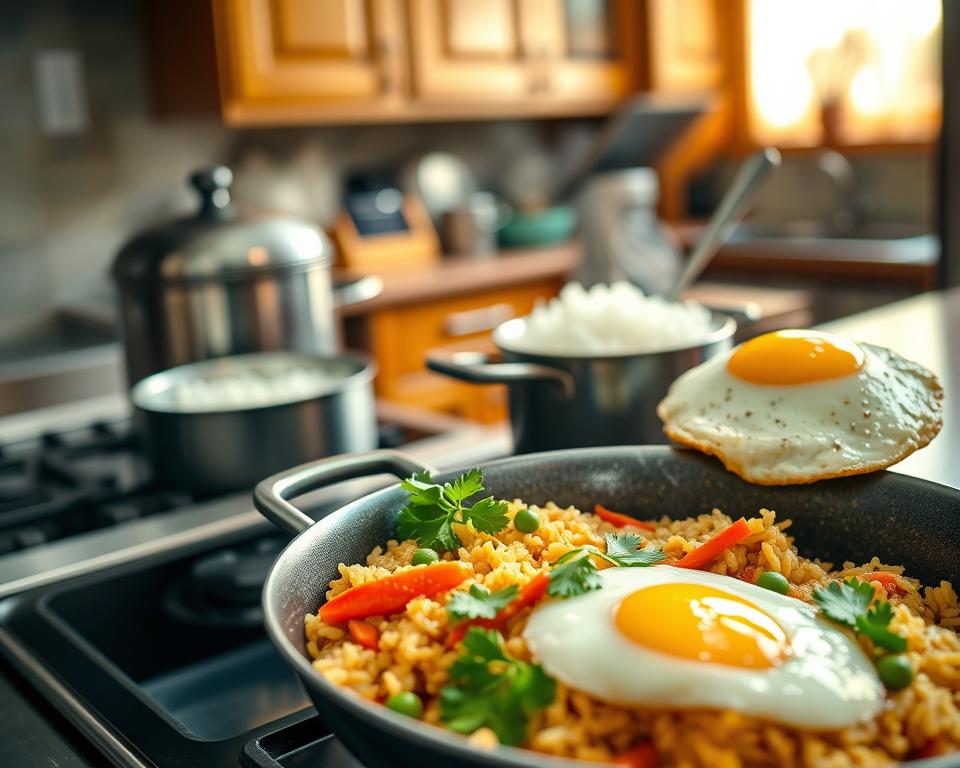 A cozy kitchen scene featuring a vibrant plate of Nasi Goreng being reheated on a stove. In the foreground, focus on a colorful wok filled with the aromatic fried rice, showcasing bright vegetables like carrots and green peas, garnished with fresh cilantro and a fried egg on top. In the middle ground, highlight a pot with steaming rice and a lush kitchen environment, with wooden cabinets and stainless steel utensils. In the background, soft and warm natural light filters through a window, creating an inviting atmosphere. The angle should provide a close-up view, inviting the viewer to experience the deliciousness of Nasi Goreng while evoking feelings of home-cooked warmth and culinary comfort.