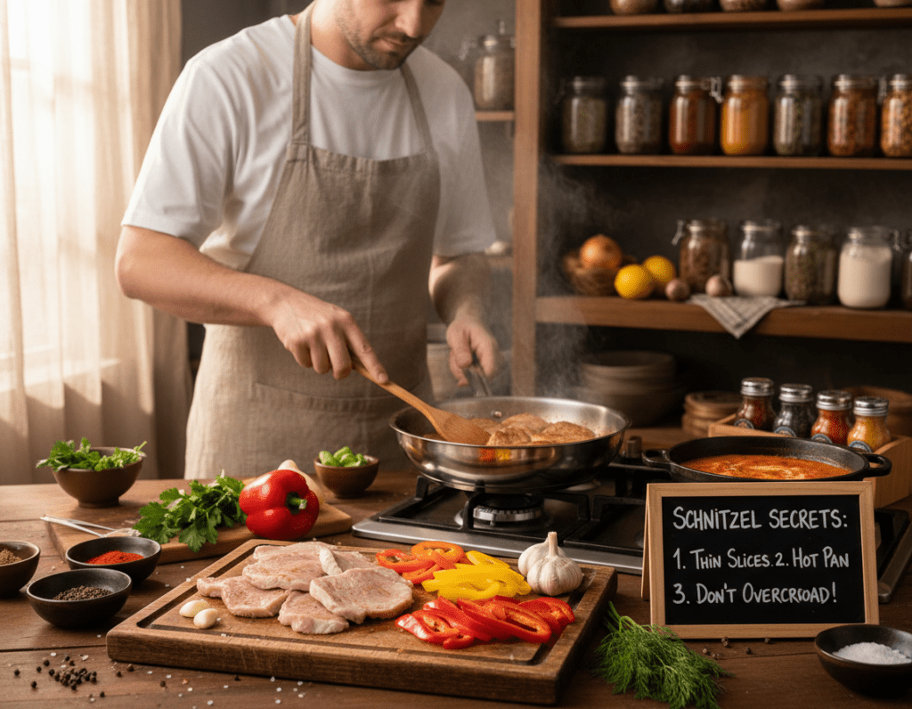A cozy kitchen scene featuring a wooden countertop with a chef preparing creamy paprika schnitzel. In the foreground, include a wooden chopping board with thinly sliced meat, colorful bell peppers, garlic cloves, and fresh herbs, arranged artfully. The chef, dressed in a simple white shirt and apron, is focused on sautéing the ingredients in a skillet, with steam rising and a wooden spatula in hand. The middle ground showcases a pot with a creamy sauce simmering on the stove, while a vibrant array of spices is displayed nearby. In the background, shelves filled with jars of spices and fresh ingredients create an inviting atmosphere. The warm, soft lighting enhances the cozy ambience, evoking a homey, delicious cooking mood. The scene should feel engaging and educational, emphasizing the art of avoiding common mistakes while cooking schnitzel.