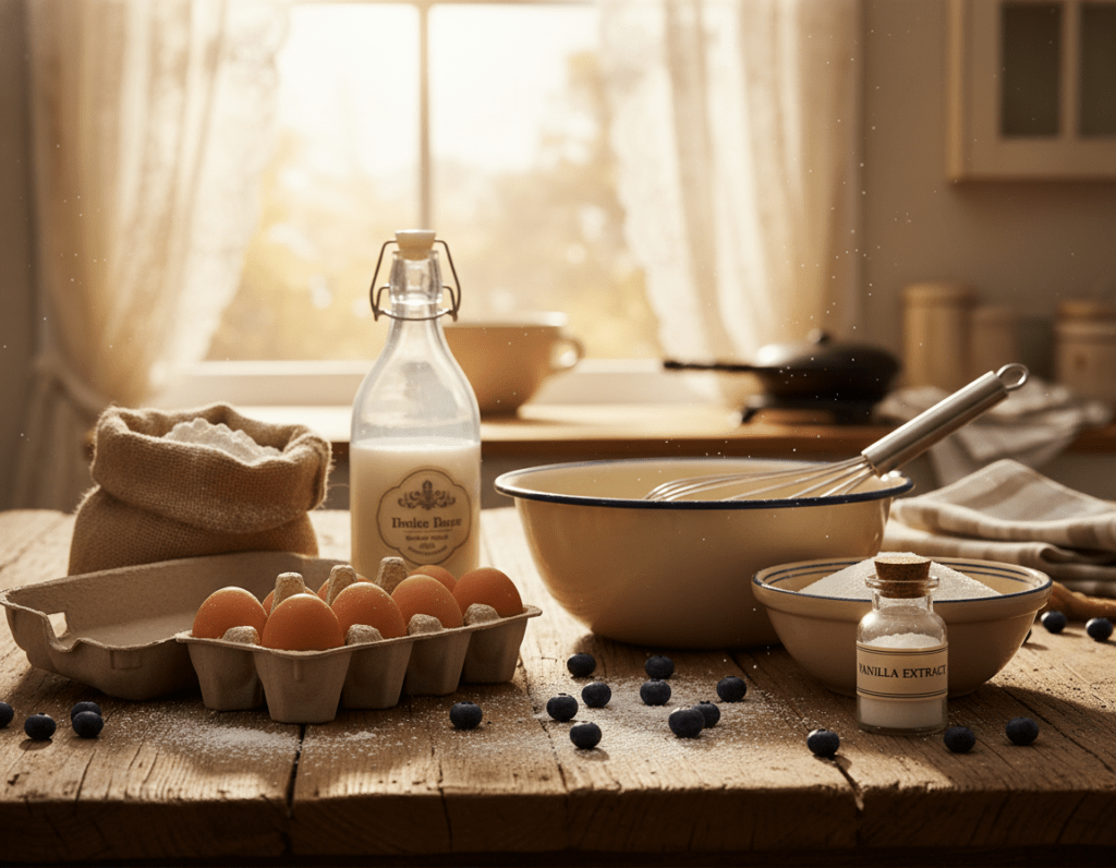 A cozy kitchen scene featuring a wooden table adorned with essential waffle ingredients. In the foreground, display a variety of ingredients: a sack of flour, a carton of eggs, a bottle of milk, a bowl of sugar, and a jar of vanilla extract. Include a handful of blueberries and a dusting of powdered sugar for a touch of freshness. In the middle ground, a vintage-style mixing bowl and whisk sit awaiting preparation. The background reveals soft sunlight filtering through a window, illuminating the kitchen with a warm, inviting glow. Capture the atmosphere of nostalgic cooking, evoking memories of family gatherings. Use a shallow depth of field to focus on the ingredients while softly blurring the background, enhancing the homely feel of this authentic waffle-making experience.
