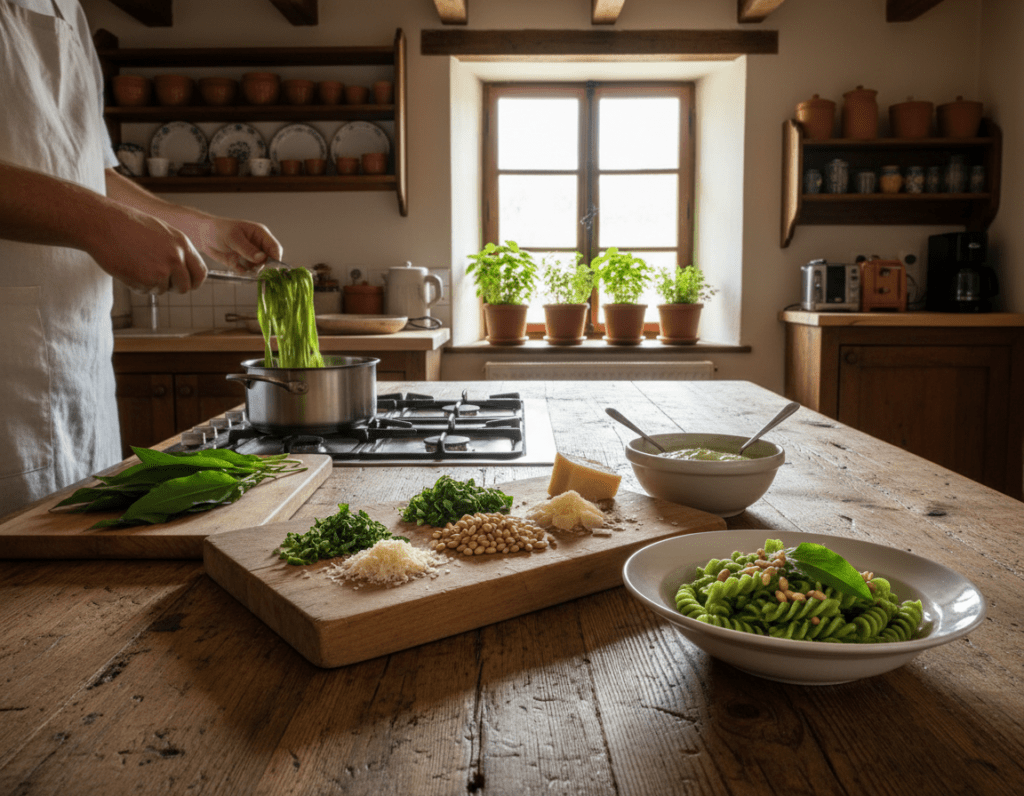 A cozy kitchen scene, featuring a wooden table laden with fresh ingredients for wild garlic pasta. In the foreground, a chef in a white apron is carefully stirring a pot of vibrant green pasta, with strands of wild garlic scattered nearby. The middle layer showcases a cutting board with chopped wild garlic, pine nuts, and grated cheese, alongside a bowl of creamy sauce ready for mixing. The background reveals a rustic kitchen atmosphere with warm, soft lighting filtering through a window, casting gentle shadows. Fresh basil plants add a touch of greenery on the windowsill. The overall mood is inviting and homely, emphasizing the joy of cooking. The image should capture the essence of preparing and serving a delicious plate of Bärlauchpasta, ready to be enjoyed.