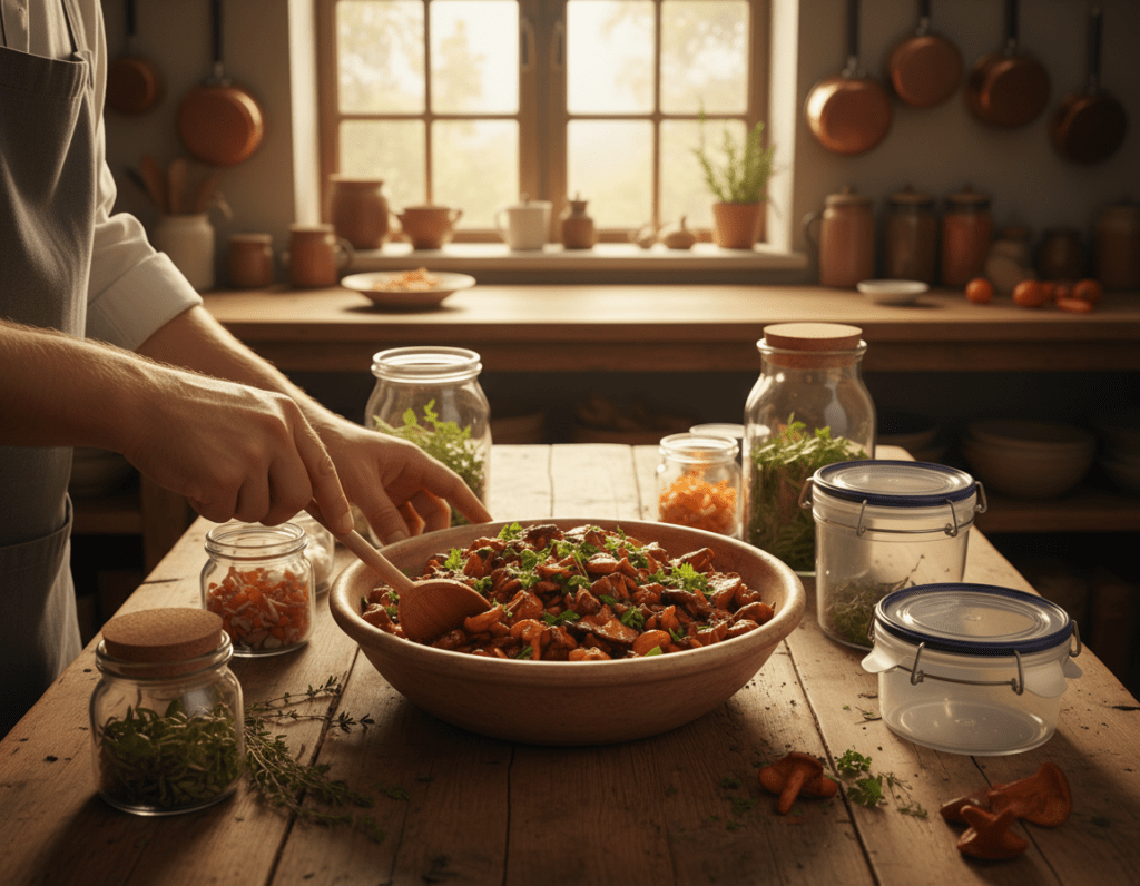 A cozy kitchen scene featuring a wooden table with a rustic bowl of mushroom ragout, rich in earthy tones and garnished with fresh herbs. In the foreground, a chef's hands are shown gently stirring the ragout with a wooden spoon, highlighting the texture and color. The middle ground offers an assortment of storage containers, such as glass jars and airtight plastic bowls, arranged neatly, showcasing the food prep process for storing the dish. The background reveals soft, warm lighting from a window, casting gentle shadows, enhancing the inviting atmosphere. The overall mood is homey and reassuring, conveying the comfort of preparing and preserving a delicious homemade meal.