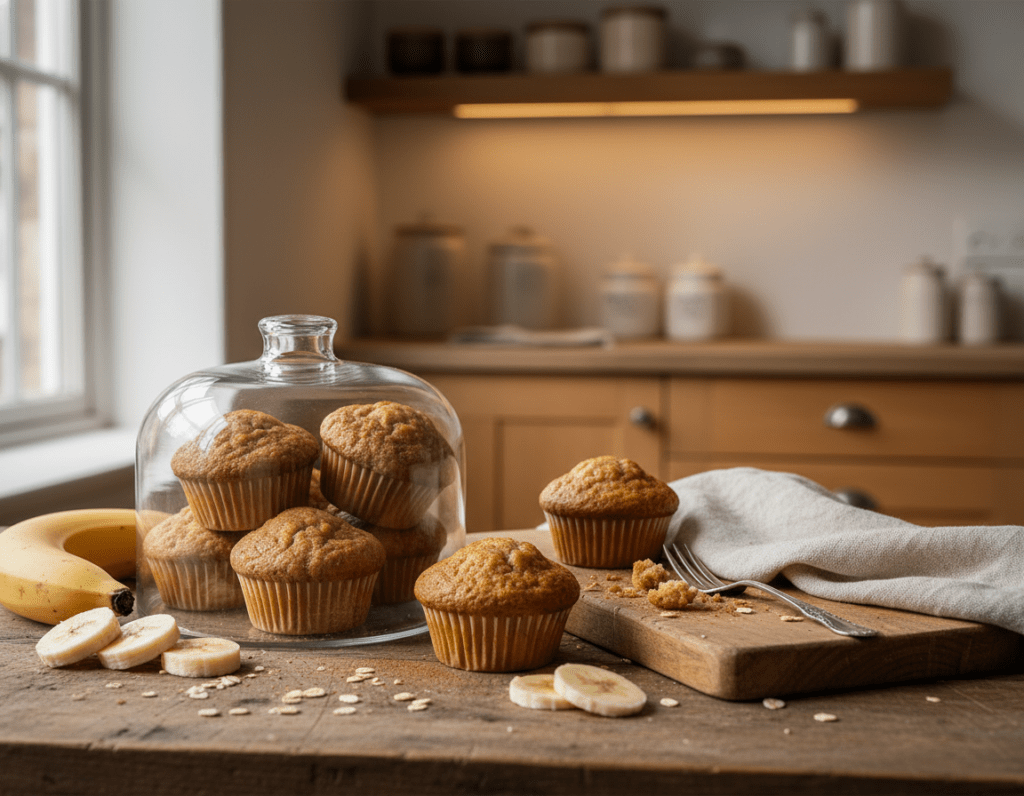 A cozy kitchen scene featuring freshly baked banana muffins, arranged attractively on a wooden countertop. In the foreground, a clear glass container filled with banana muffins, showcasing their golden-brown tops sprinkled with a hint of cinnamon. The middle ground includes a rustic cutting board and a soft linen cloth, with a few scattered banana slices around the muffins, hinting at their flavor. The background is softly blurred, revealing warm, inviting cabinetry with subtle lighting, creating a homey atmosphere. Natural light pours in from a nearby window, casting gentle shadows and highlighting the muffins' texture. The overall mood is warm, inviting, and encourages a sense of homemade comfort.