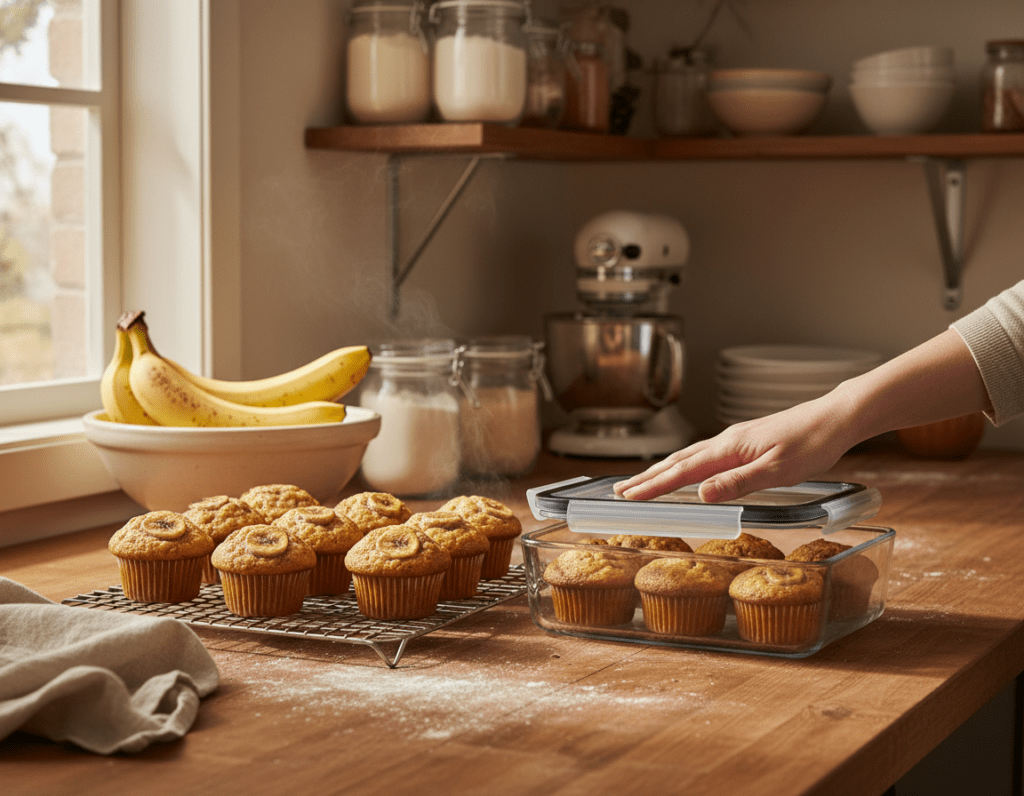 A cozy kitchen scene featuring freshly baked banana muffins cooling on a wire rack, with a few muffins placed in a clear, airtight container ready for freezing. In the foreground, a hand gently closes the container, showcasing the muffins' golden-brown tops dotted with banana slices. Soft, warm sunlight streams through a nearby window, casting gentle shadows and highlighting the muffins' texture. In the background, shelves filled with baking supplies and jars of ingredients add a homely touch, while a fruit bowl with ripe bananas hints at the muffins' origin. The overall atmosphere is inviting and warm, reflecting the comfort of home baking and food preservation.