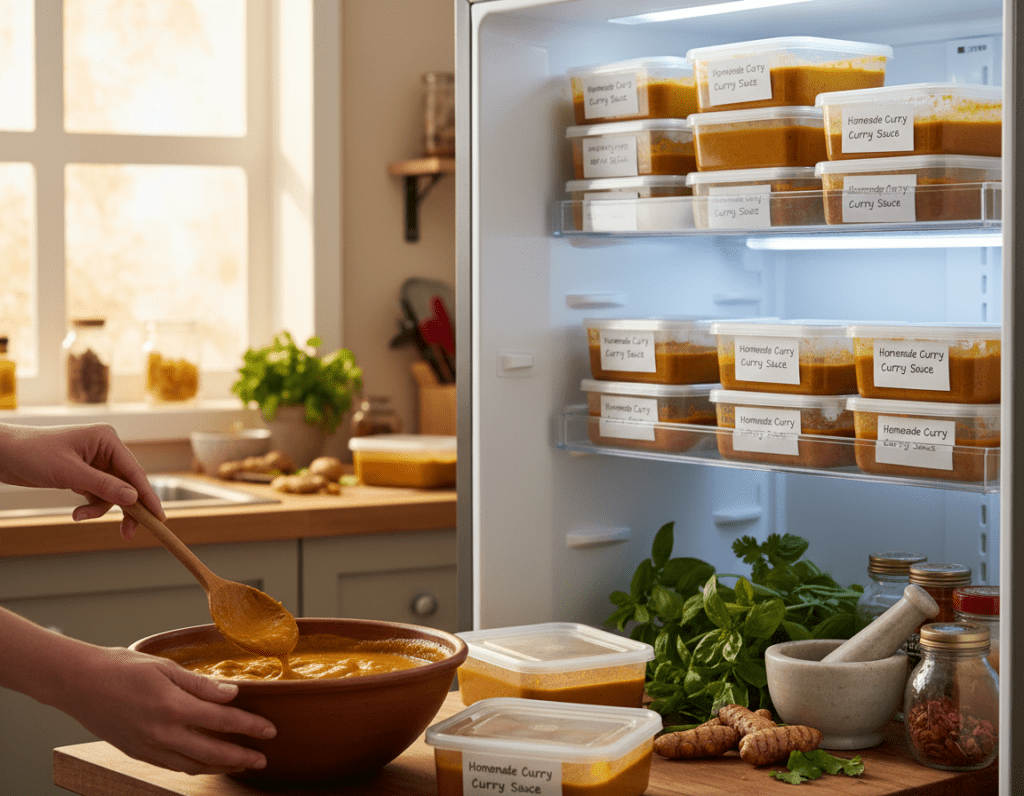 A cozy kitchen scene featuring jars of homemade curry sauce being stored for freezing. In the foreground, a hand is carefully filling clear, labeled plastic containers with a rich, vibrant orange curry sauce. The middle section showcases an organized refrigerator shelf filled with neatly stacked containers, some with lids, reflecting the freshness and homemade quality of the sauce. In the background, soft morning light pours through a window, illuminating herbs and spices scattered on the countertop, creating a warm and inviting atmosphere. The scene conveys a sense of care and preparation, emphasizing the importance of storing homemade food. The angle is slightly elevated, capturing the entire kitchen setting, enhancing the homey feel. A cozy kitchen scene featuring jars of homemade curry sauce being stored for freezing. In the foreground, a hand is carefully filling clear, labeled plastic containers with a rich, vibrant orange curry sauce. The middle section showcases an organized refrigerator shelf filled with neatly stacked containers, some with lids, reflecting the freshness and homemade quality of the sauce. In the background, soft morning light pours through a window, illuminating herbs and spices scattered on the countertop, creating a warm and inviting atmosphere. The scene conveys a sense of care and preparation, emphasizing the importance of storing homemade food. The angle is slightly elevated, capturing the entire kitchen setting, enhancing the homey feel.