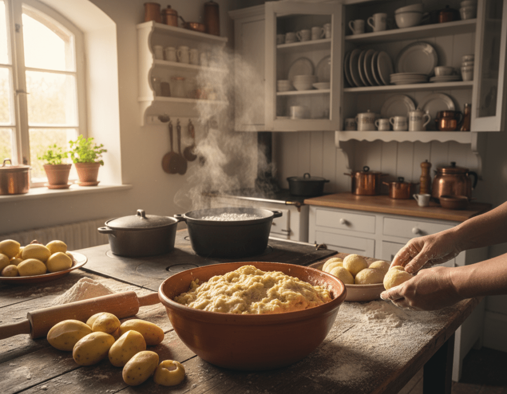 A cozy kitchen scene featuring the preparation of Kartoffelknödel. In the foreground, a rustic wooden table is adorned with freshly peeled potatoes, flour, and a rolling pin. A mixing bowl filled with potato dough takes center stage, with hands skillfully shaping the dumplings. In the middle ground, a pot of boiling water sits on the stove, steam gently rising to create a warm atmosphere. The background showcases open cabinets filled with traditional kitchenware, warmly lit by soft, natural light streaming through a nearby window, creating a welcoming ambience. The overall mood is inviting and homely, capturing the essence of home cooking. The scene is set from a slightly elevated angle to provide an overview of the preparation process without any text or additional distractions. A cozy kitchen scene featuring the preparation of Kartoffelknödel. In the foreground, a rustic wooden table is adorned with freshly peeled potatoes, flour, and a rolling pin. A mixing bowl filled with potato dough takes center stage, with hands skillfully shaping the dumplings. In the middle ground, a pot of boiling water sits on the stove, steam gently rising to create a warm atmosphere. The background showcases open cabinets filled with traditional kitchenware, warmly lit by soft, natural light streaming through a nearby window, creating a welcoming ambience. The overall mood is inviting and homely, capturing the essence of home cooking. The scene is set from a slightly elevated angle to provide an overview of the preparation process without any text or additional distractions.