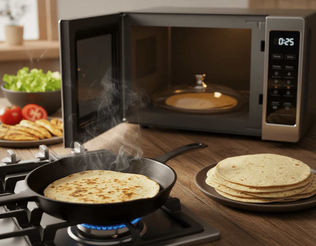 A cozy kitchen scene featuring various methods to warm tortillas. In the foreground, a skillet on a stovetop sizzles with a golden tortilla, showing slight browning. Beside it, a stack of fresh tortillas on a plate, warm steam rising. In the middle, a microwave with a clear view, where a tortilla is being heated under a modern glass dome, accompanied by a digital timer displaying the countdown. The background reveals a rustic wooden table adorned with ingredients for chicken wraps: shredded lettuce, sliced tomatoes, and grilled chicken strips. The lighting is soft and warm, creating an inviting atmosphere, while a shallow depth of field focuses on the tortillas. The overall mood is homey and vibrant, perfect for culinary inspiration.