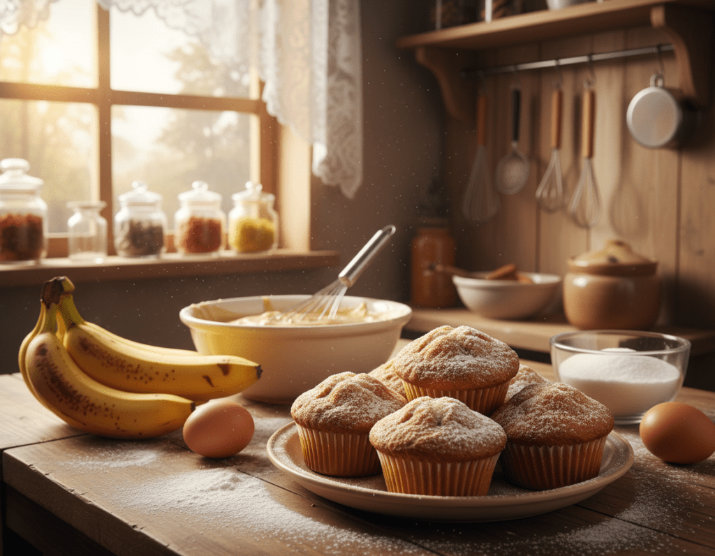 A cozy kitchen scene filled with warm light, showcasing freshly baked banana muffins cooling on a rustic wooden table. In the foreground, focus on a plate of golden-brown muffins with a slightly cracked top, nestled beside a bunch of ripe bananas and scattered flour. The middle ground features a mixing bowl with batter and a whisk, along with a few extra ingredients like eggs and sugar, hinting at the baking process. In the background, shelves filled with baking tools, jars of spices, and a window letting in soft sunlight enhance the inviting atmosphere. The mood is cheerful and homely, capturing the essence of simple, joyful baking. Use a wide-angle lens to create an immersive perspective, highlighting the muffins as the stars of the scene.