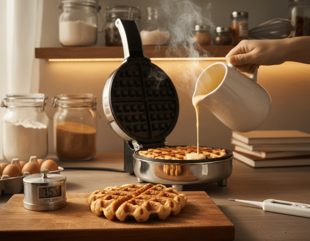 A cozy kitchen scene focused on a waffle iron and golden-brown waffles just cooking, steam gently rising. In the foreground, a perfectly textured waffle lies on a wooden cutting board, with a cooking timer and a thermometer placed beside it, indicating the optimal baking temperature. The middle ground features the waffle iron with light shining on it to highlight its shiny surface, and fluffy batter being poured. In the background, warmly lit shelves are stocked with baking ingredients like flour, eggs, and sugar, creating a homely baking atmosphere. The overall mood is inviting and cheerful, emphasizing the joy of making perfect waffles. Soft, natural lighting enhances the scene, making it feel warm and welcoming.