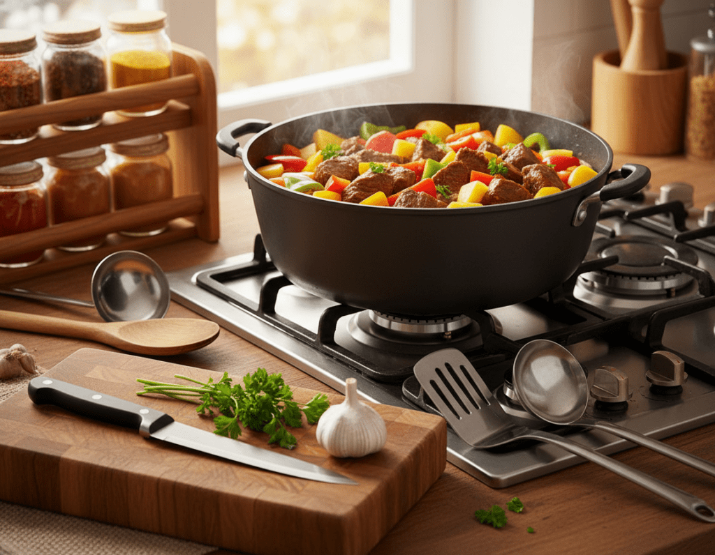 A cozy kitchen scene focused on essential kitchen utensils for making goulash soup. In the foreground, a sturdy wooden cutting board is adorned with a sharp chef’s knife, a garlic clove, and fresh herbs like parsley. In the middle, a large, heavy-bottomed pot is simmering on a gas stove, filled with vibrant chunks of beef, potatoes, and colorful bell peppers, bubbles gently rising. Surrounding the pot, various utensils like a wooden spoon, spatula, and ladle are neatly arranged. The background features a colorful spice rack and a window inviting warm, natural light, casting a soft glow. The atmosphere is warm and inviting, suggesting the comfort of home cooking. The angle is slightly overhead, capturing the richness and warmth of the scene without any text or overlays. A cozy kitchen scene focused on essential kitchen utensils for making goulash soup. In the foreground, a sturdy wooden cutting board is adorned with a sharp chef’s knife, a garlic clove, and fresh herbs like parsley. In the middle, a large, heavy-bottomed pot is simmering on a gas stove, filled with vibrant chunks of beef, potatoes, and colorful bell peppers, bubbles gently rising. Surrounding the pot, various utensils like a wooden spoon, spatula, and ladle are neatly arranged. The background features a colorful spice rack and a window inviting warm, natural light, casting a soft glow. The atmosphere is warm and inviting, suggesting the comfort of home cooking. The angle is slightly overhead, capturing the richness and warmth of the scene without any text or overlays.