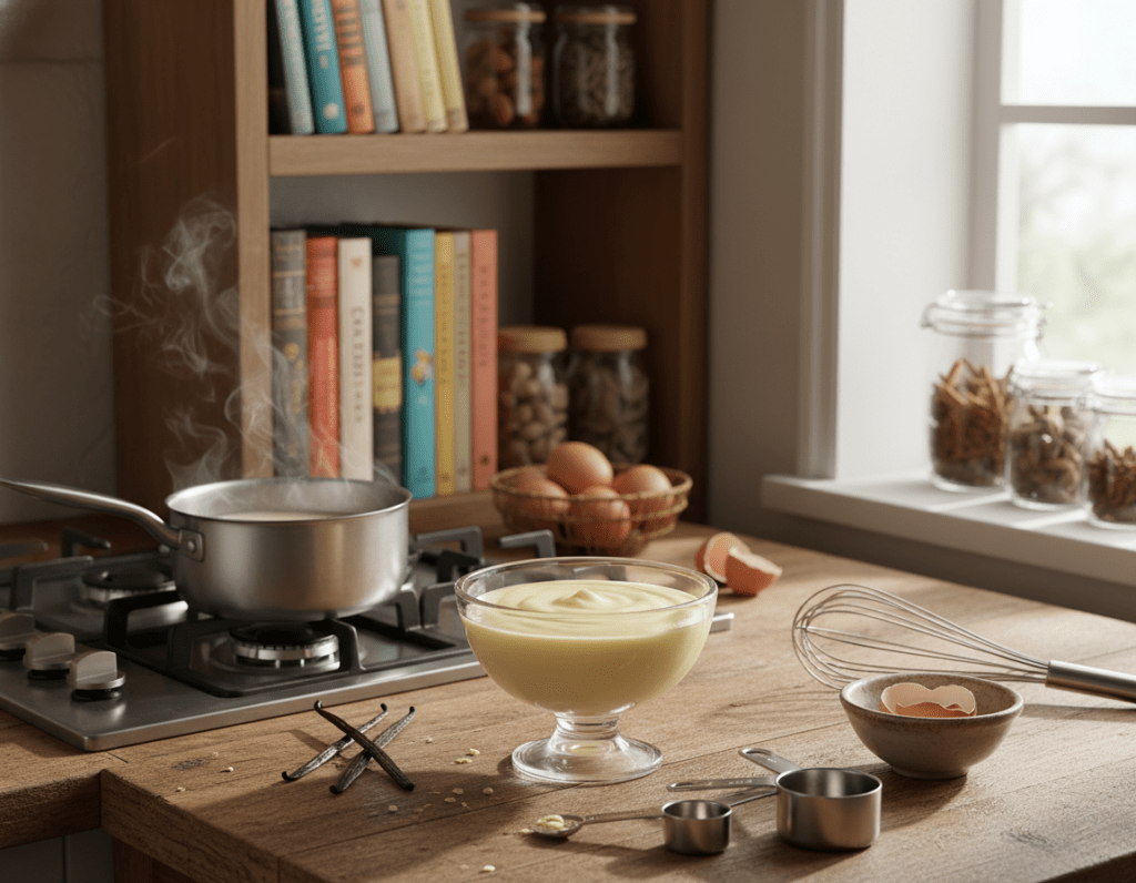 A cozy kitchen scene focused on making homemade vanilla pudding. In the foreground, a clear glass bowl filled with creamy vanilla pudding sits on a wooden kitchen countertop, surrounded by measuring cups and a whisk. A small saucepan is simmering on the stove, with a few vanilla pods and eggs nearby, reflecting a sense of freshness and quality ingredients. In the middle background, shelves filled with cookbooks and jars of spices create a warm, inviting atmosphere. Soft, natural light streams in through a nearby window, casting gentle shadows and highlighting the textures of the kitchen. The mood is warm and homey, emphasizing the joy of cooking from scratch.