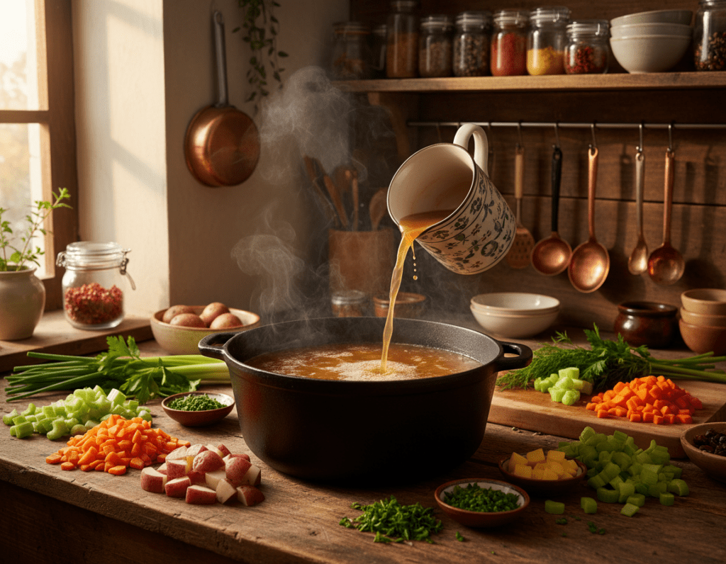 A cozy kitchen scene focused on preparing a delicious "Ofensuppe." In the foreground, a large pot filled with rich, simmering broth is placed on a rustic wooden countertop. Fresh vegetables like carrots, potatoes, and celery are neatly chopped and ready to be added, surrounded by vibrant herbs for garnish. In the middle ground, a measuring cup filled with clear broth is being poured into the pot, creating splashes that add dynamism to the scene. Soft, warm natural light streams in through a window, casting gentle shadows and highlighting the textures of the ingredients. The background features shelves neatly stocked with spices and cooking utensils, enhancing the homely atmosphere. The overall mood is inviting, suggesting the comfort of home-cooked meals and the joy of cooking. A cozy kitchen scene focused on preparing a delicious "Ofensuppe." In the foreground, a large pot filled with rich, simmering broth is placed on a rustic wooden countertop. Fresh vegetables like carrots, potatoes, and celery are neatly chopped and ready to be added, surrounded by vibrant herbs for garnish. In the middle ground, a measuring cup filled with clear broth is being poured into the pot, creating splashes that add dynamism to the scene. Soft, warm natural light streams in through a window, casting gentle shadows and highlighting the textures of the ingredients. The background features shelves neatly stocked with spices and cooking utensils, enhancing the homely atmosphere. The overall mood is inviting, suggesting the comfort of home-cooked meals and the joy of cooking.