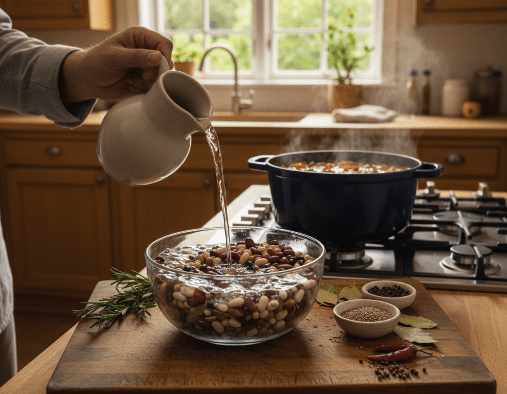A cozy kitchen scene focused on the preparation of beans for a hearty stew. In the foreground, a glass bowl filled with raw beans rests on a wooden cutting board, showcasing various types like kidney and pinto beans. A hand gently pours water over the beans, creating small splashes. In the middle ground, a stove pot sits on a modern stovetop, simmering with a rich broth, while fresh herbs and spices are scattered nearby, highlighting the cooking process. The background includes warm kitchen cabinetry bathed in soft, natural light streaming through a window, casting a welcoming glow over the scene. The atmosphere feels warm and inviting, conveying a sense of home and nurturing preparation. A cozy kitchen scene focused on the preparation of beans for a hearty stew. In the foreground, a glass bowl filled with raw beans rests on a wooden cutting board, showcasing various types like kidney and pinto beans. A hand gently pours water over the beans, creating small splashes. In the middle ground, a stove pot sits on a modern stovetop, simmering with a rich broth, while fresh herbs and spices are scattered nearby, highlighting the cooking process. The background includes warm kitchen cabinetry bathed in soft, natural light streaming through a window, casting a welcoming glow over the scene. The atmosphere feels warm and inviting, conveying a sense of home and nurturing preparation.