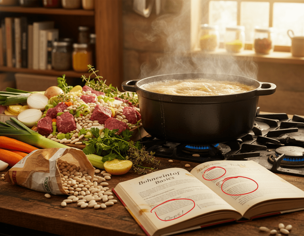 A cozy kitchen scene focusing on the preparation of Bohneneintopf, featuring a cluttered countertop with chopped vegetables, beans, and pieces of beef, showcasing common mistakes like overfilling the pot and mismatched ingredients. In the foreground, a partially spilled bag of beans and an open cookbook on how to make the dish, highlighting errors in cooking techniques. The middle ground includes a simmering pot on the stove with steam rising, giving a sense of a homey atmosphere. The background shows warm, ambient lighting illuminating the wooden shelves lined with spices. The overall mood is a mix of comfort and caution, capturing the essence of a cooking lesson. A cozy kitchen scene focusing on the preparation of Bohneneintopf, featuring a cluttered countertop with chopped vegetables, beans, and pieces of beef, showcasing common mistakes like overfilling the pot and mismatched ingredients. In the foreground, a partially spilled bag of beans and an open cookbook on how to make the dish, highlighting errors in cooking techniques. The middle ground includes a simmering pot on the stove with steam rising, giving a sense of a homey atmosphere. The background shows warm, ambient lighting illuminating the wooden shelves lined with spices. The overall mood is a mix of comfort and caution, capturing the essence of a cooking lesson.