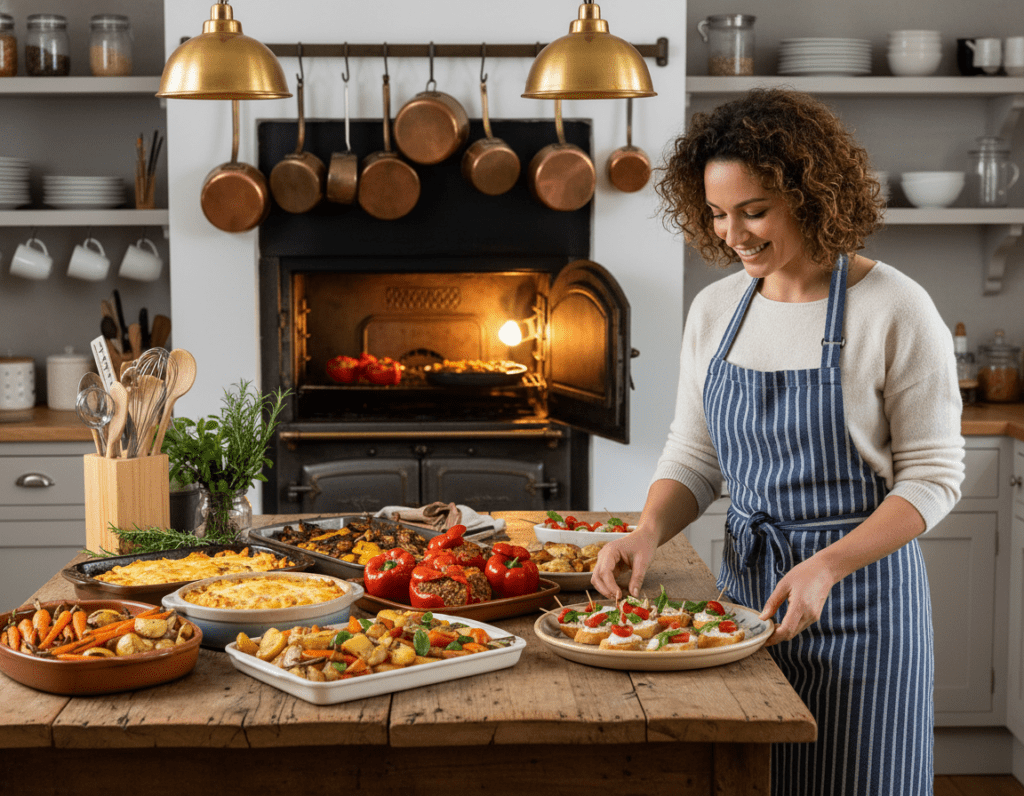 A cozy kitchen scene set for party preparation, featuring a rustic wooden table adorned with a variety of delicious oven dishes, such as baked casseroles, stuffed peppers, and roasting vegetables. In the foreground, a smiling woman wearing an apron, carefully arranging a platter of colorful appetizers, showcasing her meticulous attention to detail. The middle-ground includes a warm oven glowing with golden dishes, while cooking utensils and herbs are artfully scattered around the table, enhancing the inviting atmosphere. The background displays a well-organized kitchen with soft, ambient lighting casting a warm glow, creating a festive yet professional mood. The overall composition emphasizes the importance of preparation and avoiding common mistakes, inspiring viewers with a sense of enthusiasm for entertaining.