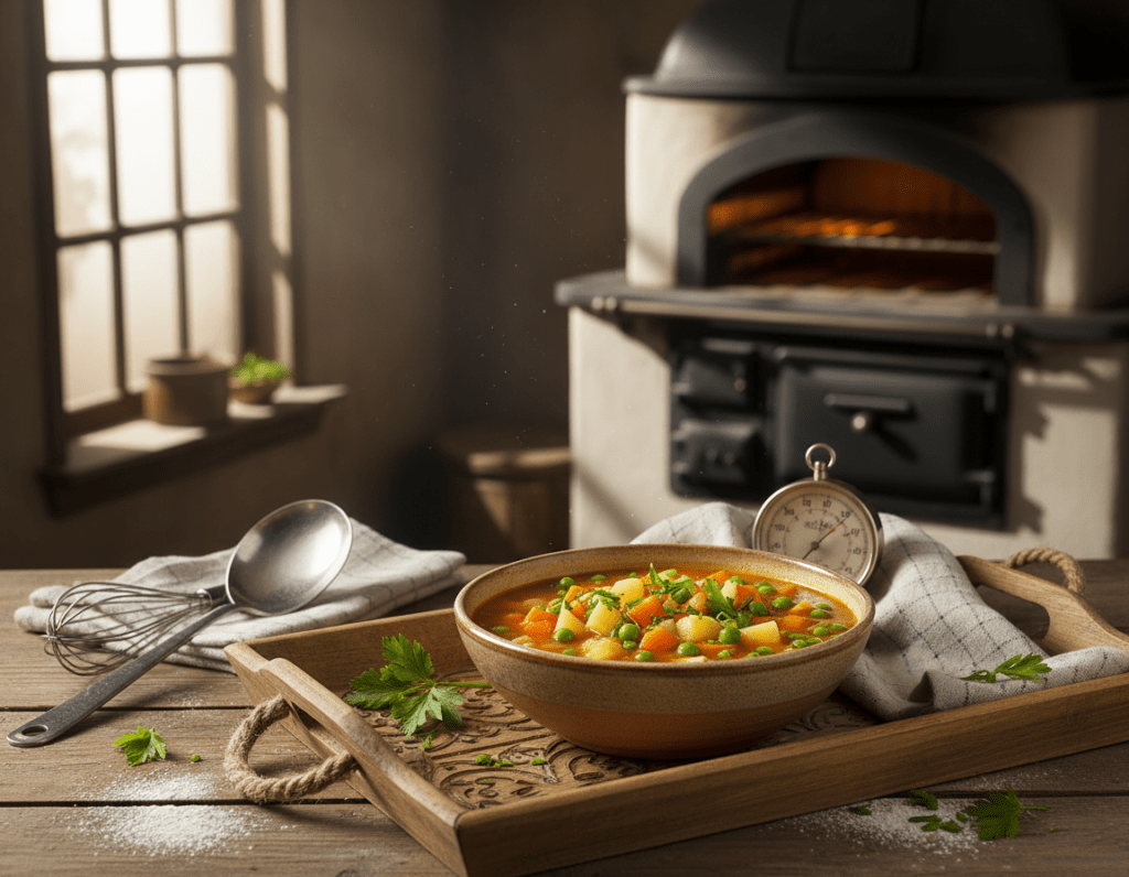 A cozy kitchen scene showcasing a beautifully arranged tray of Ofensuppe, a traditional German oven soup, preparing to be baked. In the foreground, the richly colored soup filled with vibrant vegetables like carrots, potatoes, and green peas is displayed in an elegant ceramic dish, topped with finely chopped herbs. The middle ground features a wooden table scattered with kitchen utensils, such as a ladle and a baking thermometer indicating the optimal baking temperature. In the background, a warm, inviting oven glows softly, illuminating the scene with a gentle golden light. A rustic window allows natural sunlight to filter in, casting subtle shadows and enhancing the homely atmosphere. The overall mood conveys warmth, comfort, and the joy of cooking. A cozy kitchen scene showcasing a beautifully arranged tray of Ofensuppe, a traditional German oven soup, preparing to be baked. In the foreground, the richly colored soup filled with vibrant vegetables like carrots, potatoes, and green peas is displayed in an elegant ceramic dish, topped with finely chopped herbs. The middle ground features a wooden table scattered with kitchen utensils, such as a ladle and a baking thermometer indicating the optimal baking temperature. In the background, a warm, inviting oven glows softly, illuminating the scene with a gentle golden light. A rustic window allows natural sunlight to filter in, casting subtle shadows and enhancing the homely atmosphere. The overall mood conveys warmth, comfort, and the joy of cooking.