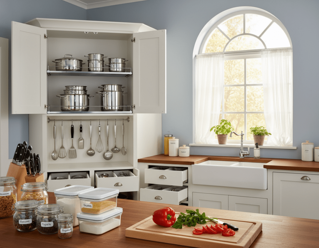 A cozy kitchen scene showcasing clever organizational strategies to save time while cooking. In the foreground, a neatly arranged countertop has glass jars filled with spices and labeled containers of dry ingredients, alongside a cutting board with a few fresh vegetables. In the middle, a well-organized cabinet is open, revealing neatly stacked pots, pans, and utensils, emphasizing efficiency and accessibility. The background features a bright window with soft, natural light streaming in, creating a warm and inviting atmosphere. The overall mood is tidy and functional, encouraging a sense of peace and order. The image should be shot from a slightly elevated angle to capture the layout's effectiveness, with an emphasis on a clutter-free environment conducive to quick cooking.