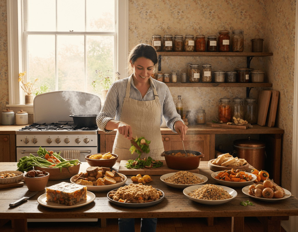 A cozy kitchen scene showcasing creative use of food leftovers. In the foreground, a wooden table filled with colorful, neatly arranged dishes made from remnants like vegetable scraps, overripe fruits, and leftover grains. A thoughtful chef, dressed in a modest casual outfit, stands at the table, joyfully preparing a vibrant salad and a hearty stew. In the middle ground, shelves filled with jars of homemade preserves and spices add warmth and character, while a pot simmering on the stove emits a gentle steam. The background features soft, natural lighting filtering through a window, casting a warm glow that enhances the inviting atmosphere. The mood is cheerful and resourceful, inspiring viewers to embrace creativity in cooking.