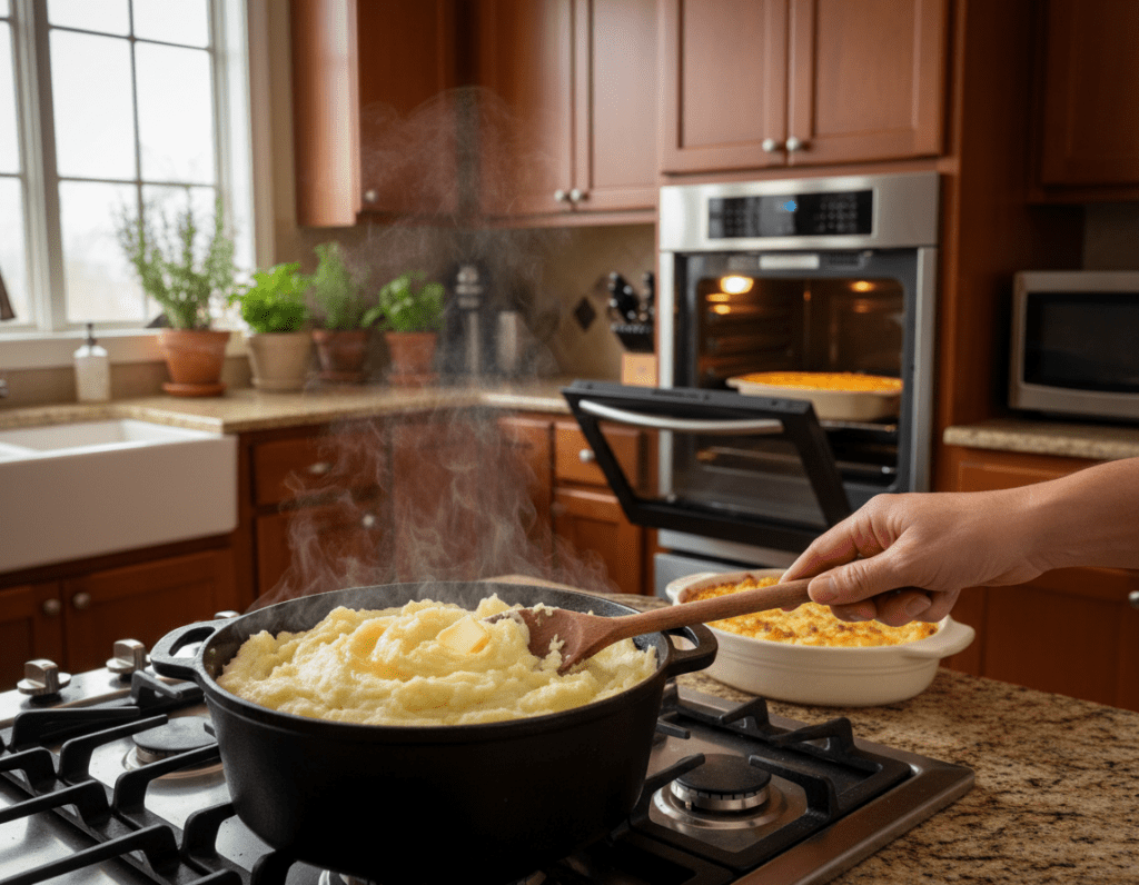 A cozy kitchen scene showcasing several methods of reheating mashed potatoes without losing quality. In the foreground, a steaming pot on a stove with fluffy, creamy mashed potatoes being gently stirred with a wooden spoon. In the middle, an oven displaying a casserole dish filled with golden-brown topped mashed potatoes, next to a microwave with a glass bowl containing mashed potatoes. The background features warm wooden cabinets and herbs on a countertop, adding a homely touch. Soft, natural light streams through a nearby window, creating an inviting and comforting atmosphere. The perspective is slightly angled for depth, emphasizing the warmth and care in preparing a delightful dish. A cozy kitchen scene showcasing several methods of reheating mashed potatoes without losing quality. In the foreground, a steaming pot on a stove with fluffy, creamy mashed potatoes being gently stirred with a wooden spoon. In the middle, an oven displaying a casserole dish filled with golden-brown topped mashed potatoes, next to a microwave with a glass bowl containing mashed potatoes. The background features warm wooden cabinets and herbs on a countertop, adding a homely touch. Soft, natural light streams through a nearby window, creating an inviting and comforting atmosphere. The perspective is slightly angled for depth, emphasizing the warmth and care in preparing a delightful dish.