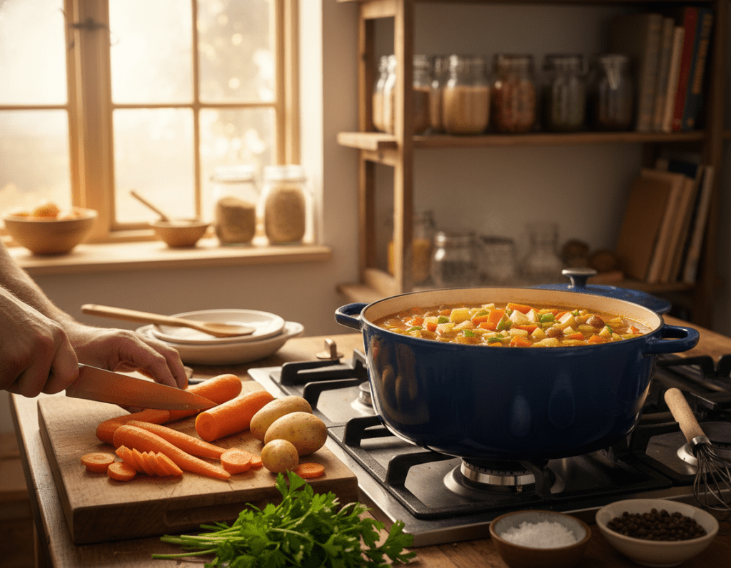 A cozy kitchen scene showcasing the preparation of Möhreneintopf, emphasizing fresh ingredients. In the foreground, a wooden cutting board features vibrant orange carrots being sliced, alongside sprigs of parsley and potatoes. In the middle, a large pot simmers on a stove, filled with colorful diced vegetables and broth, surrounded by cooking utensils and spices like salt and pepper. In the background, warm light filters through a window, illuminating rustic shelves lined with jars and cookbooks, enhancing a homey atmosphere. The overall mood is inviting and cheerful, with soft, natural lighting highlighting the textures of the ingredients, captured with a slightly blurred background for focus.