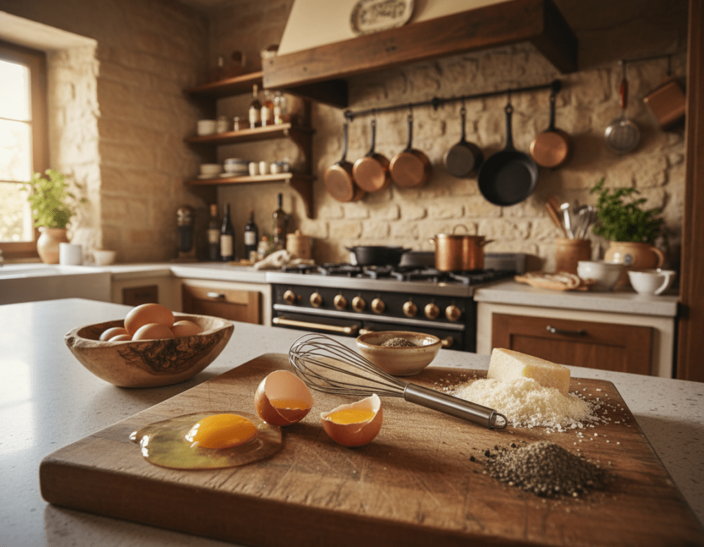 A cozy kitchen scene showcasing the preparation of eggs for authentic Carbonara sauce. In the foreground, a wooden cutting board displays two cracked eggs with their vibrant yolks glistening, alongside a whisk and a small bowl. In the middle, there is a softly lit countertop, where fresh ingredients like grated Parmesan cheese and spices are arranged beautifully. The background features an inviting kitchen with warm, ambient lighting, emphasizing a rustic charm, complete with hanging pots and pans. The camera angle is slightly overhead, allowing for a clear view of the egg preparation process. The mood is warm and inviting, evoking a sense of culinary creativity and home-cooked comfort.