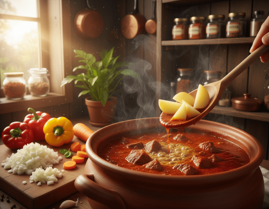 A cozy kitchen scene showcasing the preparation of potato goulash soup. In the foreground, a large pot filled with rich, simmering goulash soup, vibrant red with paprika, and chunks of tender meat. Sliced potatoes are being gently added to the pot, their creamy white flesh contrasting with the deep colors of the soup. A wooden spoon rests against the pot, steam rising in the warm, inviting atmosphere. In the middle, a cutting board with diced onions and garlic beside a scattered variety of colorful vegetables: bell peppers and carrots. Light from a nearby window casts a warm glow, enhancing the homely feel. The background features rustic kitchen elements like shelves filled with spices, cooking utensils hanging, and a plant. The mood is warm, inviting, and filled with the joy of cooking. A cozy kitchen scene showcasing the preparation of potato goulash soup. In the foreground, a large pot filled with rich, simmering goulash soup, vibrant red with paprika, and chunks of tender meat. Sliced potatoes are being gently added to the pot, their creamy white flesh contrasting with the deep colors of the soup. A wooden spoon rests against the pot, steam rising in the warm, inviting atmosphere. In the middle, a cutting board with diced onions and garlic beside a scattered variety of colorful vegetables: bell peppers and carrots. Light from a nearby window casts a warm glow, enhancing the homely feel. The background features rustic kitchen elements like shelves filled with spices, cooking utensils hanging, and a plant. The mood is warm, inviting, and filled with the joy of cooking.