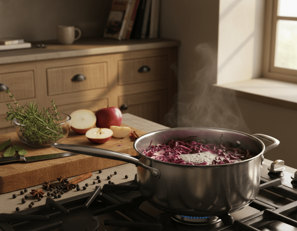 A cozy kitchen scene showcasing the preparation of red cabbage on the stove. In the foreground, a stainless-steel pot bubbles gently, filled with beautifully shredded purple cabbage, glistening with a drizzle of apple cider vinegar. Surrounding the pot are fresh ingredients such as a sliced apple, onions, and spices, adding vibrant color. The middle ground features a wooden cutting board with a knife and a bowl of fresh herbs. The background reveals a warm, inviting kitchen with soft ambient lighting, highlighting rustic wooden cabinets and a window allowing natural light to filter in. The mood is homey and comforting, ideal for a classic cooking method, evoking the feel of a family recipe. Use a slightly overhead angle to capture the bubbling pot and ingredients. A cozy kitchen scene showcasing the preparation of red cabbage on the stove. In the foreground, a stainless-steel pot bubbles gently, filled with beautifully shredded purple cabbage, glistening with a drizzle of apple cider vinegar. Surrounding the pot are fresh ingredients such as a sliced apple, onions, and spices, adding vibrant color. The middle ground features a wooden cutting board with a knife and a bowl of fresh herbs. The background reveals a warm, inviting kitchen with soft ambient lighting, highlighting rustic wooden cabinets and a window allowing natural light to filter in. The mood is homey and comforting, ideal for a classic cooking method, evoking the feel of a family recipe. Use a slightly overhead angle to capture the bubbling pot and ingredients.