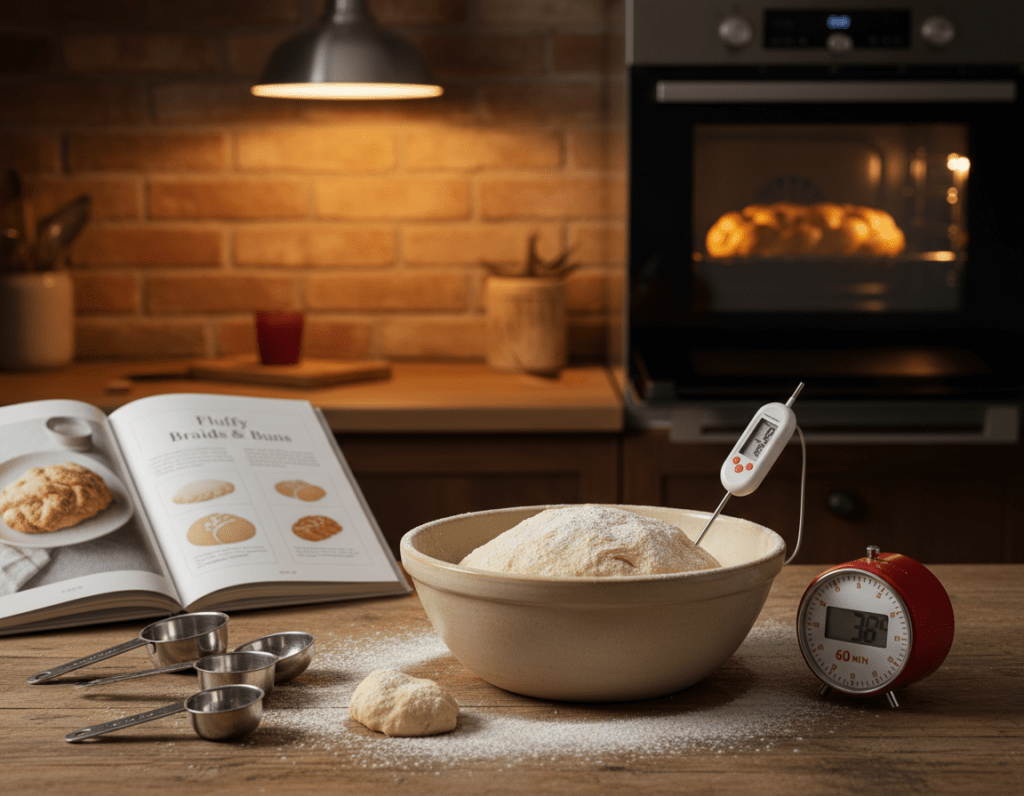 A cozy kitchen scene showcasing the process of making yeast dough. In the foreground, a wooden countertop displays a bowl of freshly mixed dough, lightly dusted with flour. Beside it, a digital kitchen thermometer reads a perfect temperature for proofing yeast. In the middle, various measuring cups and a timer indicate the precise measurement of ingredients and setting of optimal rise time. The background features warm, soft lighting from an overhead fixture, enhancing the inviting atmosphere. A hint of freshly baked bread in the oven can be seen through a partially opened door. The overall mood is relaxed and nurturing, ideal for beginners learning the art of baking a fluffy yeast braid.