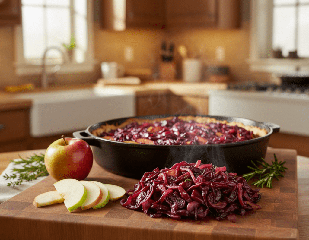 A cozy kitchen setting featuring a beautifully arranged dish of roasted red cabbage, or "Rotkohl," with apples. In the foreground, a rustic wooden cutting board displays freshly sliced apples beside the vibrant, caramelized red cabbage, glistening with natural sauces. The middle ground shows a cast iron baking dish filled with the colorful mixture, gently steaming as it emerges from a preheated oven, with golden-brown edges hinting at a perfect roast. In the background, a softly lit kitchen with warm tones creates an inviting atmosphere, showcasing wooden cabinets and a hint of fresh herbs on a countertop. The scene is infused with a homely feel, capturing the essence of traditional cooking with an emphasis on fresh ingredients. Soft, natural lighting enhances the colors, creating a warm and appetizing mood. A cozy kitchen setting featuring a beautifully arranged dish of roasted red cabbage, or "Rotkohl," with apples. In the foreground, a rustic wooden cutting board displays freshly sliced apples beside the vibrant, caramelized red cabbage, glistening with natural sauces. The middle ground shows a cast iron baking dish filled with the colorful mixture, gently steaming as it emerges from a preheated oven, with golden-brown edges hinting at a perfect roast. In the background, a softly lit kitchen with warm tones creates an inviting atmosphere, showcasing wooden cabinets and a hint of fresh herbs on a countertop. The scene is infused with a homely feel, capturing the essence of traditional cooking with an emphasis on fresh ingredients. Soft, natural lighting enhances the colors, creating a warm and appetizing mood.