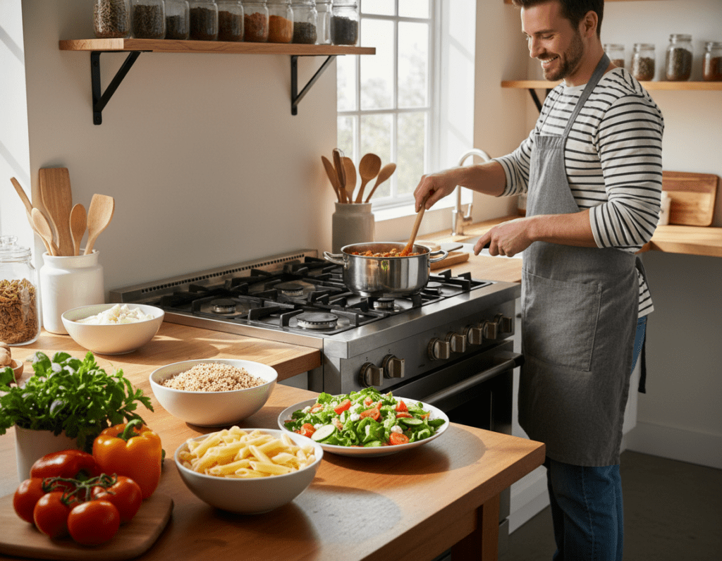 A cozy kitchen setting showcasing a variety of quick, easy meals made with minimal ingredients. In the foreground, a bright wooden table is decorated with fresh vegetables, such as tomatoes, bell peppers, and herbs, alongside neatly arranged bowls of pasta and grains. A vibrant, colorful salad is plated, exuding freshness. In the middle, a friendly chef in modest casual clothing is stirring a pot on the stove, smiling as they prepare a simple dish. The background features shelves stocked with spices and essential cooking tools, while natural light floods the room through a window, casting soft shadows. The atmosphere is inviting and warm, emphasizing the joy of cooking simple, delicious meals quickly.