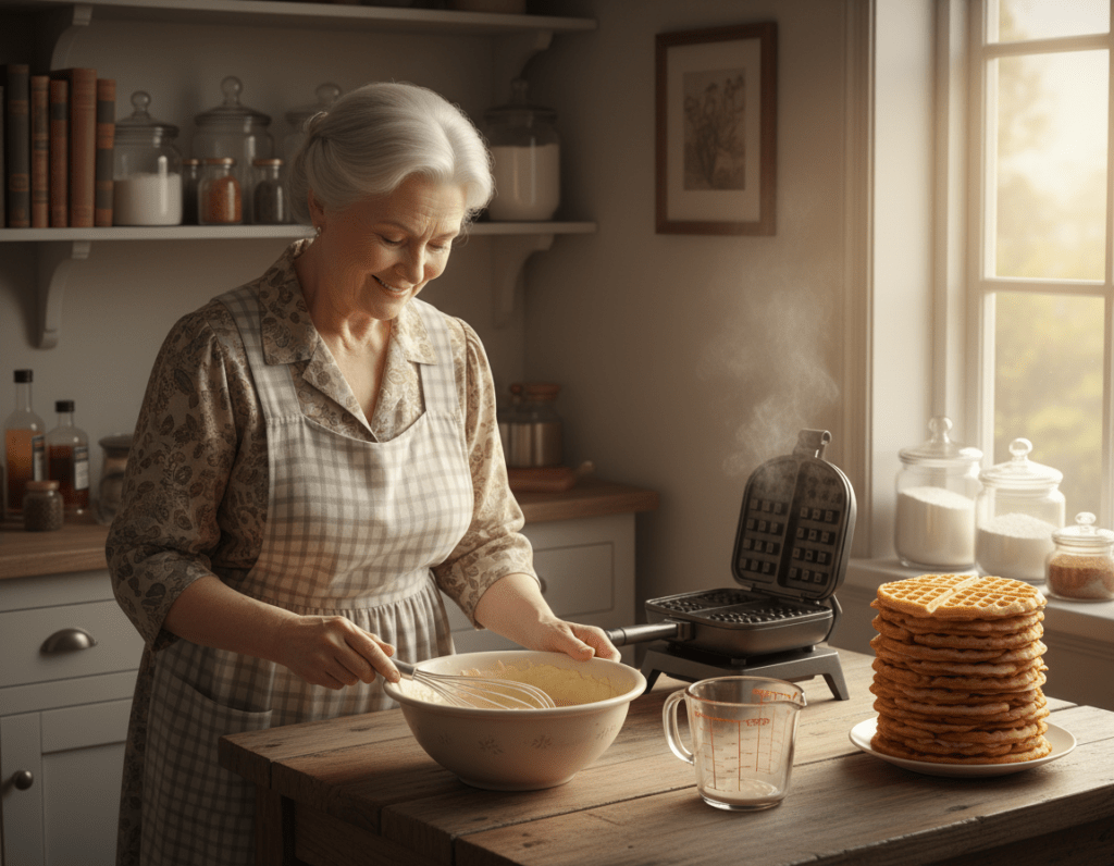 A cozy kitchen setting where an elderly woman, wearing a modest apron, is demonstrating waffle-making tips. In the foreground, a wooden table is adorned with a bowl of freshly batter, a whisk, and a measuring cup. In the middle ground, a classic waffle iron sits next to a stack of perfectly baked waffles, golden brown and crisp. The background features shelves with baking books, jars of ingredients like flour and sugar, and a soft window allowing warm, natural light to illuminate the scene. The atmosphere is warm and inviting, with a focus on nostalgia and the joy of cooking, capturing the essence of learning from family traditions. The angle is slightly tilted downwards, emphasizing the preparation area while creating a sense of intimacy in the kitchen environment.