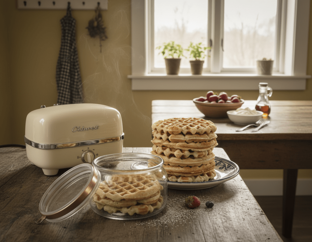 A cozy kitchen setting with a vintage waffle maker on a countertop, freshly baked golden-brown waffles stacked neatly on a beautiful ceramic plate. In the foreground, a few waffles are placed in an elegant, airtight container with a lid slightly ajar, suggesting proper storage. The middle ground features a warm, wooden table with a simple bowl of toppings like fresh strawberries, whipped cream, and syrup. The background shows soft, natural light streaming through a nearby window, illuminating the scene and creating a homey atmosphere. The image conveys warmth and nostalgia, evoking a sense of comfort and tradition associated with enjoying homemade waffles.