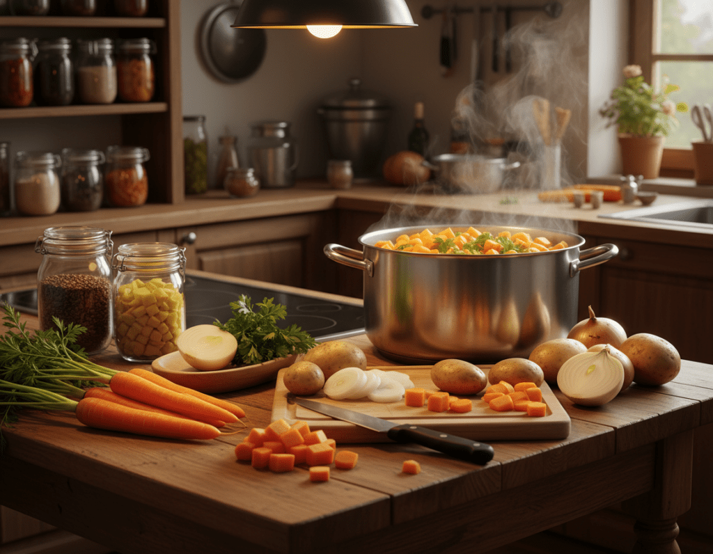 A cozy kitchen setting with a wooden table in the foreground, displaying an assortment of colorful vegetables such as carrots, potatoes, and onions, freshly chopped and strategically arranged to highlight the preparation of a carrot stew (Möhreneintopf). In the middle ground, a large pot simmering on the stove, filled with a vibrant mix of the chopped vegetables, herbs, and broth. Soft, warm lighting illuminates the scene, casting gentle shadows and creating an inviting atmosphere. In the background, shelves lined with spices and jars of ingredients, creating a sense of a well-stocked kitchen. The overall mood is warm and homey, evoking a feeling of comfort and the joy of cooking.
