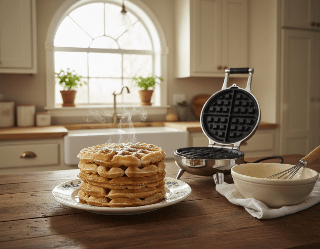 A cozy kitchen setting, with freshly made waffles stacked on a decorative plate, placed on a warm wooden countertop in the foreground. The waffles should appear golden brown and fluffy, with steam gently rising from them, signaling warmth. In the middle ground, a classic waffle iron is elegantly displayed, slightly ajar, along with kitchen utensils like a whisk and a bowl of batter. The background features soft, warm-toned cabinetry and a window letting in natural light, creating a serene and inviting atmosphere. The lighting should be soft and diffused, casting gentle shadows and highlighting the textures of the waffles and kitchen elements. Aim for an inviting, homely mood that evokes the joy of cooking and enjoying warm waffles.