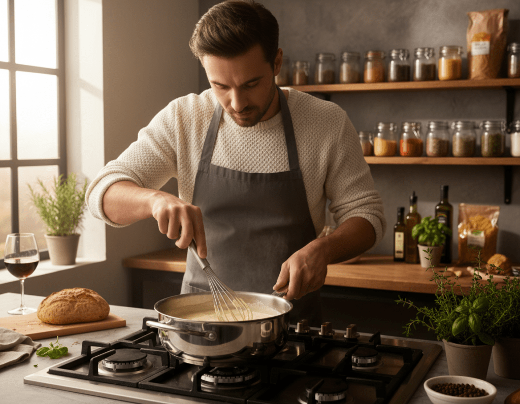A cozy kitchen with warm lighting, showcasing the process of making creamy béchamel sauce. In the foreground, a stainless steel saucepan on a stove, with butter melting and flour being whisked in. The middle layer features a chef in modest casual clothing, focused and skillfully stirring the mixture, a wooden spoon in hand. In the background, shelves lined with spices and cooking ingredients, along with an inviting surface of fresh herbs, add warmth. The atmosphere is inviting and homely, with soft shadows and sunlight filtering through a nearby window, casting gentle highlights on the work surface. The colors are rich and comforting, emphasizing the creamy texture of the sauce being prepared.