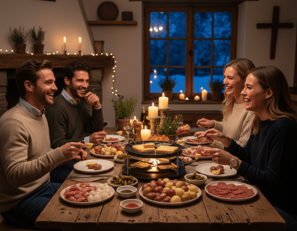 A cozy raclette dinner scene set on a rustic wooden table surrounded by friends in casual but neat clothing, joyfully cooking and sharing together. In the foreground, a traditional raclette grill with melted cheese bubbling in small pans, various accompaniments like boiled potatoes, pickles, and cured meats artistically arranged around it. The middle ground features laughter-filled faces illuminated by warm, soft lighting, creating an inviting atmosphere. In the background, a softly blurred setting of a home dining room, with decorative elements like candles and seasonal herbs, enhancing the cozy ambiance. The image captures the essence of togetherness and enjoyment, evoking the spirit of delightful late-night gatherings.