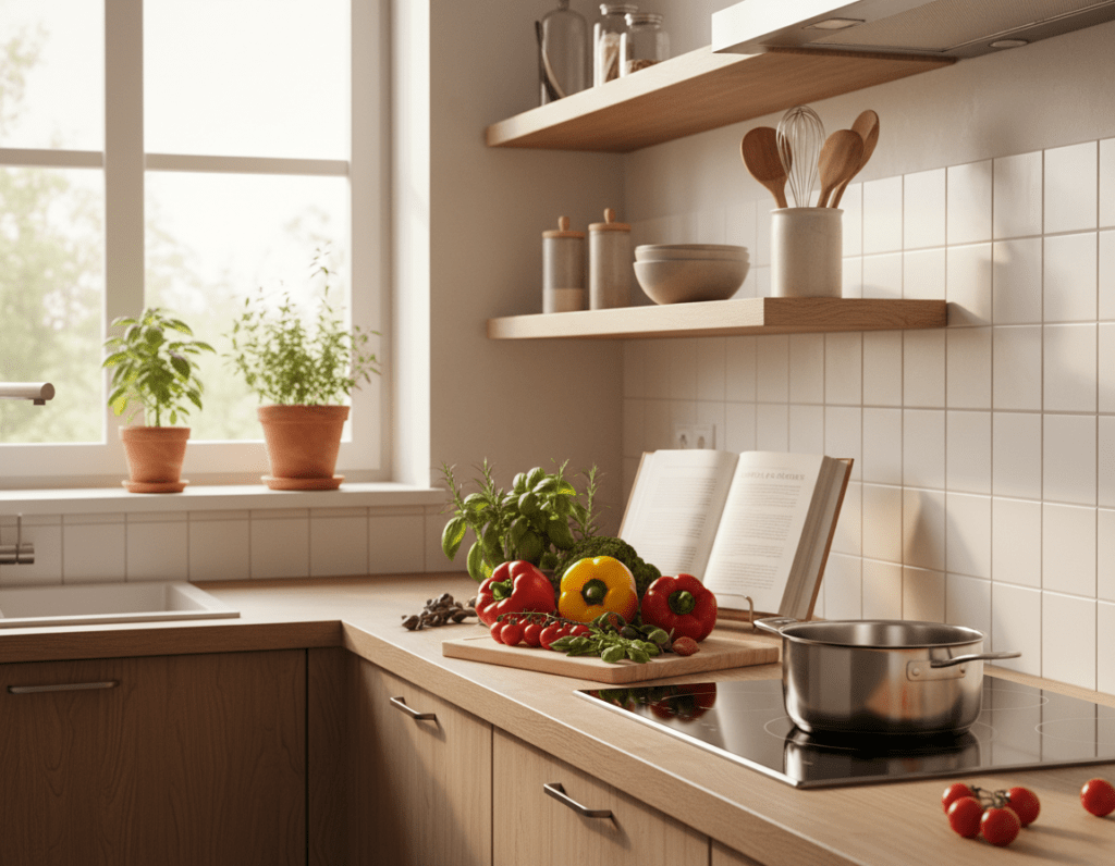 A cozy, well-organized kitchen scene emphasizing simplicity in cooking. In the foreground, a wooden countertop filled with fresh, colorful vegetables like bell peppers, tomatoes, and herbs, alongside a single pot on a stove. The middle ground features a clean, modern kitchen layout with open shelves neatly displaying essential cooking tools and a recipe book. In the background, warm natural light filters through a window, creating a bright and inviting atmosphere. Soft shadows accentuate the textures of the kitchen's surfaces, and a hint of greenery from potted herbs adds a touch of life. Capture the essence of easy cooking while conveying a sense of comfort and practicality.