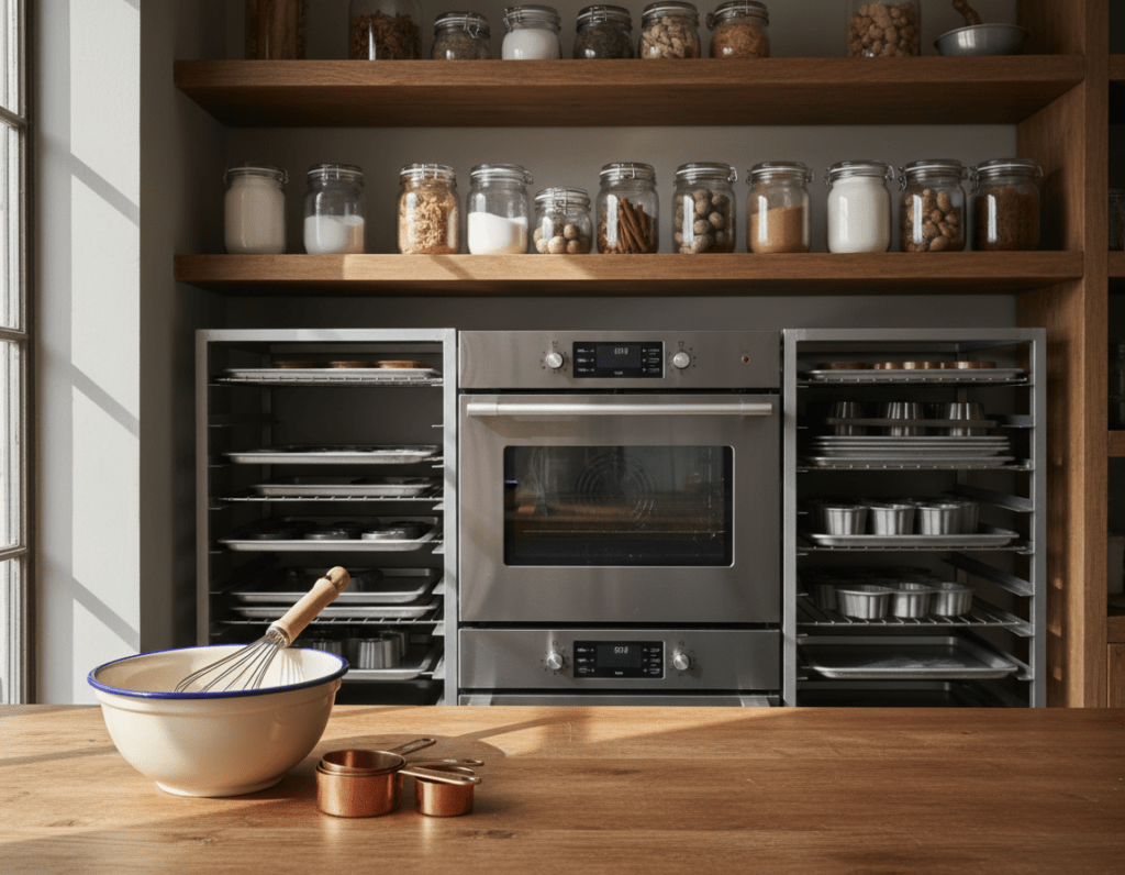 A cozy, well-organized kitchen setting showcasing essential baking accessories and kitchen equipment. In the foreground, a wooden countertop is adorned with a stylish mixing bowl, a set of measuring cups, and a whisk. The middle ground features a sleek oven, a collection of baking trays, and various molds neatly arranged. In the background, shelves filled with jars of flour, sugar, and spices create a warm and inviting atmosphere. Soft, natural lighting pours in through a window, casting gentle shadows across the scene, highlighting the textures of the materials. The angle captures a slightly elevated view, providing a comprehensive layout of the baking tools. The mood is friendly and inspiring, perfect for encouraging home baking.
