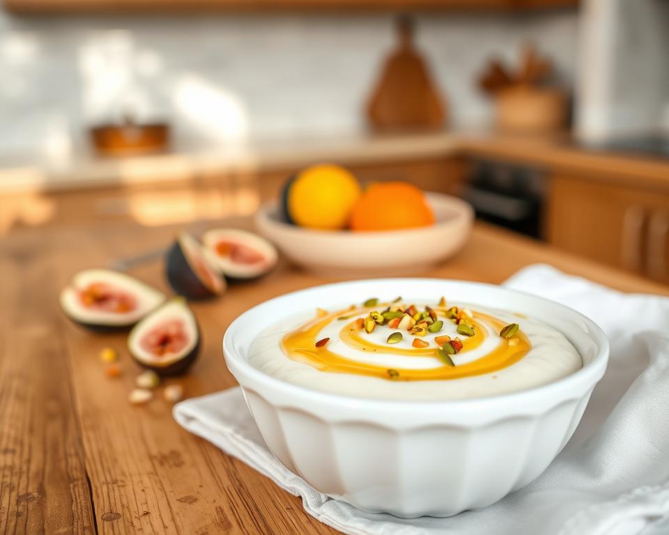 A delicious Greek dessert cream, elegantly presented in a traditional white bowl, sits prominently in the foreground. The creamy texture is topped with a sprinkle of crushed pistachios and a drizzle of golden honey, adding vibrant contrast. A few slices of fresh fruit, like figs and oranges, are artfully arranged around the bowl. In the middle ground, a wooden table is adorned with a crisp, white linen napkin complementing the dish. The background features soft, blurred kitchen elements, suggesting a cozy and inviting atmosphere, with warm, natural lighting enhancing the inviting tones of the cream. The overall mood is warm, inviting, and celebratory of homemade Greek cuisine. Use a soft focus lens to create a dreamy yet appetizing effect, highlighting the textures and colors of the dessert.