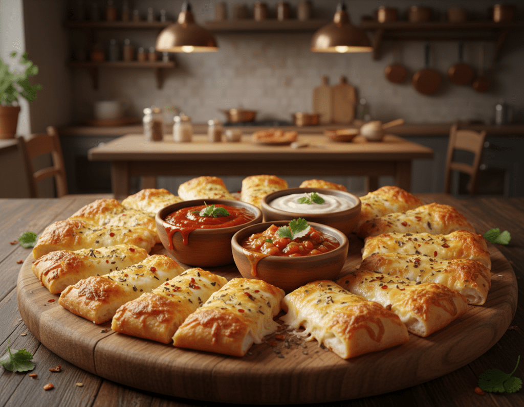 A delicious arrangement of crispy pizza sticks on a rustic wooden platter, surrounded by a variety of colorful dipping sauces. The foreground showcases golden, cheesy pizzastangen with a crispy texture, sprinkled with herbs. In the middle, several small bowls filled with vibrant dips like marinara, garlic aioli, and spicy salsa are artistically arranged. The background features a softly blurred rustic kitchen setting with warm, ambient lighting that creates an inviting atmosphere. A gentle overhead light casts subtle shadows, enhancing the textures of the pizza sticks and dips. The overall mood is cozy and appetizing, evoking a sense of comfort food perfect for sharing.