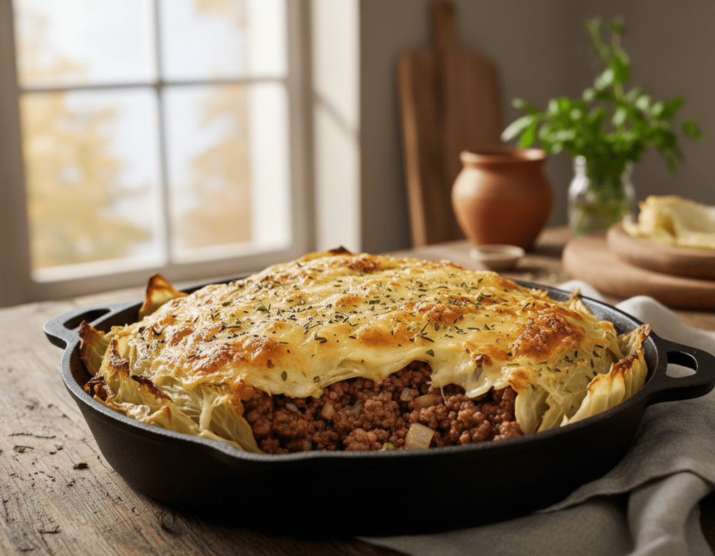 A delicious baked Spitzkohl (pointed cabbage) stuffed with seasoned ground meat, beautifully presented in a cast iron skillet. The foreground features the golden-brown, crispy top layer of melted cheese, glistening with a hint of herbs. In the middle, the tender leaves of the Spitzkohl cradle the savory meat filling, showcasing a mouthwatering blend of textures. The background displays a soft-focus kitchen setting, with warm, inviting ambient lighting that enhances the dish's appetizing colors. Capture the essence of a cozy, homemade meal, with natural light coming from a nearby window, highlighting the dish's details, creating a warm and inviting atmosphere perfect for a home-cooked recipe.