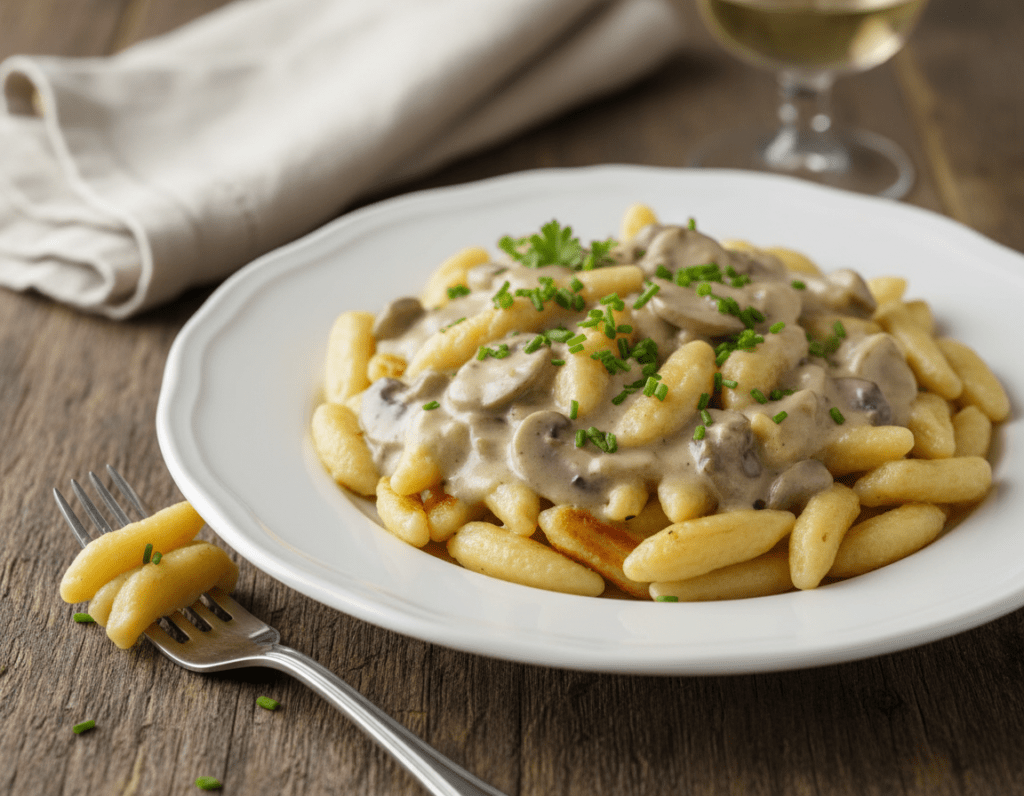 A delicious plate of Pilzspätzle garnished with fresh herbs, featuring creamy mushroom sauce drizzled generously over golden-brown spätzle. The foreground showcases a fork artistically placed beside the plate, highlighting the texture of the spätzle and the richness of the sauce. In the middle, the dish is centered on a rustic wooden table, with a subtle shine on the creamy sauce to emphasize its smoothness. The background includes soft-focus elements like a delicate linen napkin and a glass of white wine, creating a warm, inviting atmosphere. The lighting is soft and natural, suggesting a cozy kitchen setting, with a slight overhead glow that enhances the dish’s appetizing colors. This image evokes a sense of comfort and home-cooked warmth.