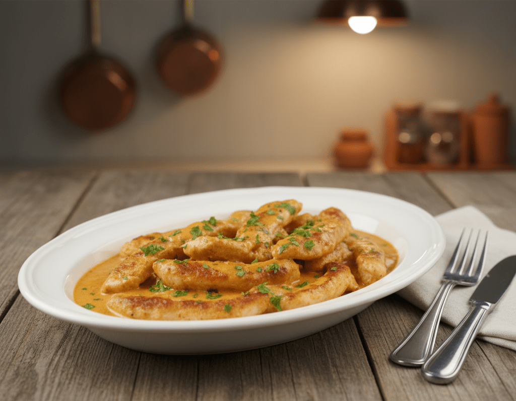 A delicious plate of "Schnelles Abendessen Geschnetzeltes," featuring tender slices of chicken in a creamy paprika sauce, garnished with fresh parsley. In the foreground, focus on the vibrant colors of the meal, showcasing the red of the paprika and the creamy sauce against the golden-brown pieces of chicken. In the middle, include a rustic wooden table with a simple, elegant dinner setting, complete with a fork and knife. The background should subtly hint at a cozy kitchen with warm, ambient lighting casting a soft glow, enhancing the inviting atmosphere. Shot from a slightly elevated angle to capture the dish's depth and richness, creating a mouthwatering appearance that evokes a sense of ease and comfort for quick dinner preparation.