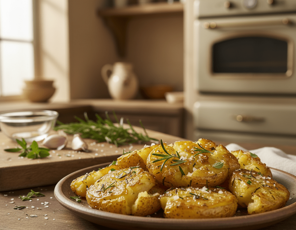A delicious plate of crispy smashed potatoes, golden brown and perfectly seasoned with sea salt and fresh herbs, sits prominently in the foreground. Each potato has a rustic, irregular shape, showcasing their crispy edges and fluffy interiors. In the background, a wooden chopping board is adorned with sprigs of rosemary and garlic cloves, hinting at the flavorful ingredients used. Soft, warm lighting creates an inviting and cozy atmosphere, enhancing the appetizing visual of the dish. Capture the image from a slightly elevated angle to emphasize the texture of the potatoes, with a blurred kitchen setting suggesting home-cooked comfort. The focus should be on the vibrant colors and appealing presentation, evoking a sense of warmth and culinary delight.