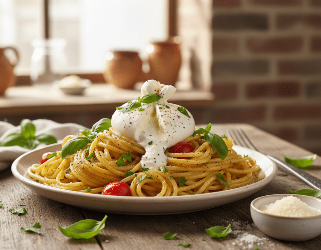 A delicious plate of pasta topped with creamy burrata and scattered fresh herbs, featuring vibrant green basil, parsley, and a sprinkle of black pepper. In the foreground, the pasta appears artfully twirled, glistening in a rich olive oil sauce, while the burrata is generously torn to reveal its soft, creamy interior. The middle ground showcases a rustic wooden table setting, with a hint of fresh cherry tomatoes and a small dish of grated Parmesan cheese nearby. The background includes a softly blurred kitchen environment, bathed in warm, natural sunlight, enhancing the inviting atmosphere. The image conveys a sense of homemade comfort and culinary delight, with a focus on freshness and simplicity.