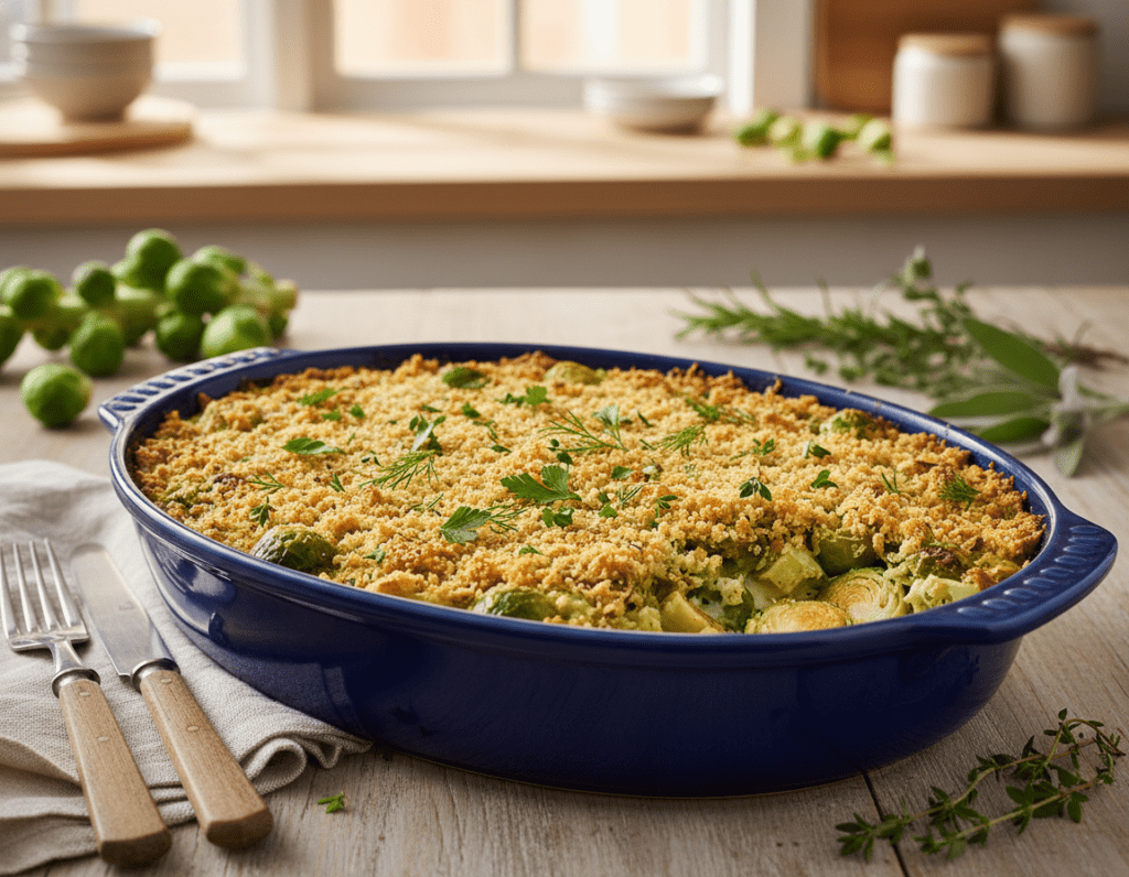 A delicious vegan Brussels sprout casserole, beautifully presented in an elegant ceramic dish. In the foreground, the casserole is topped with a golden-brown crust, showcasing a rich blend of roasted Brussels sprouts, creamy plant-based sauce, and a sprinkle of fresh herbs. The middle ground features a wooden table set with rustic cutlery, adding a homey touch. In the background, a softly blurred kitchen setting with warm, ambient lighting emphasizes a cozy atmosphere, while fresh Brussels sprouts and vibrant herbs are artistically arranged around the dish. The overall mood is inviting and appetizing, conveying the essence of simple, wholesome cooking without any animal products. The image is bright and colorful, capturing the freshness of the ingredients.